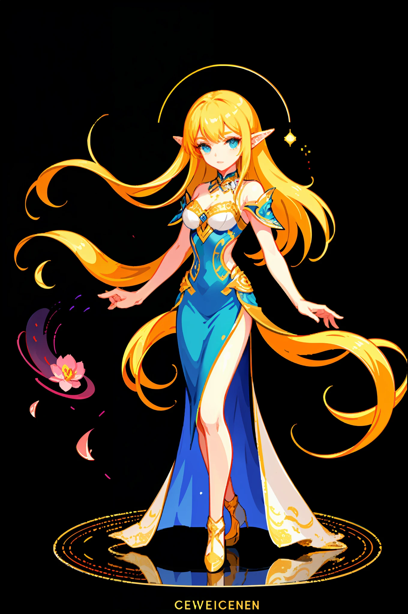 (highest quality, masterpiece), galaxy fantasy, brilliant flash, 1 girl, long skirt flowing, particle effects, hair swaying in the wind, flowers all over the body, simple and deep background, blonde elf-like woman, exquisite and gorgeous costume details