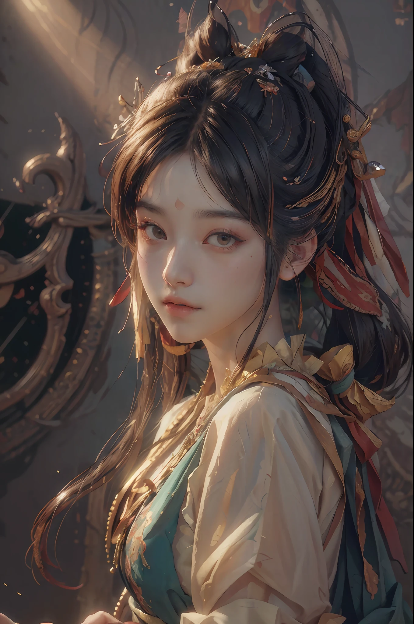 (RAW photo, best quality), (realistic, photo-realistic:1.3),best quality,highly detailed,masterpiece,ultra-detailed,illustration,1girl,upper_body,dynamic angle,world masterpiece theater,messy_long_hair,best quality,extremely detailed CG unity 8k wallpaper,ink,Amazing,cinematic lighting,lens_flare, dunhuang_style