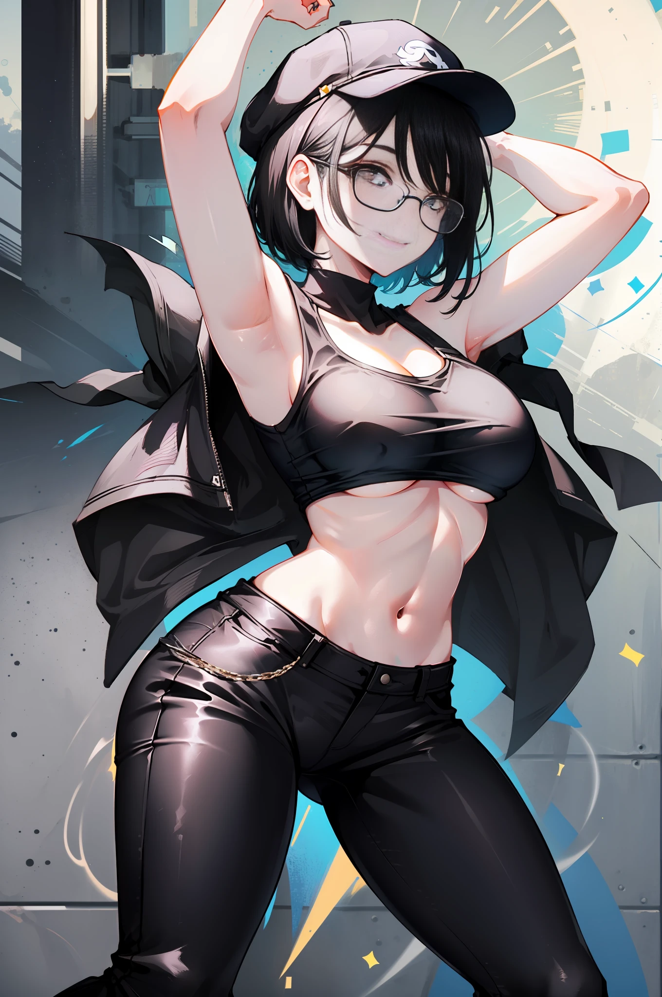 (masterpiece):1.2, solo, black cap, light_smile, light outfit, (spread arms:1.1), shaved armpits:1.2, cool poses , black hair,black t-shirt,black pants, street view ,black glasses,short hair,(medium boobs:1.2)