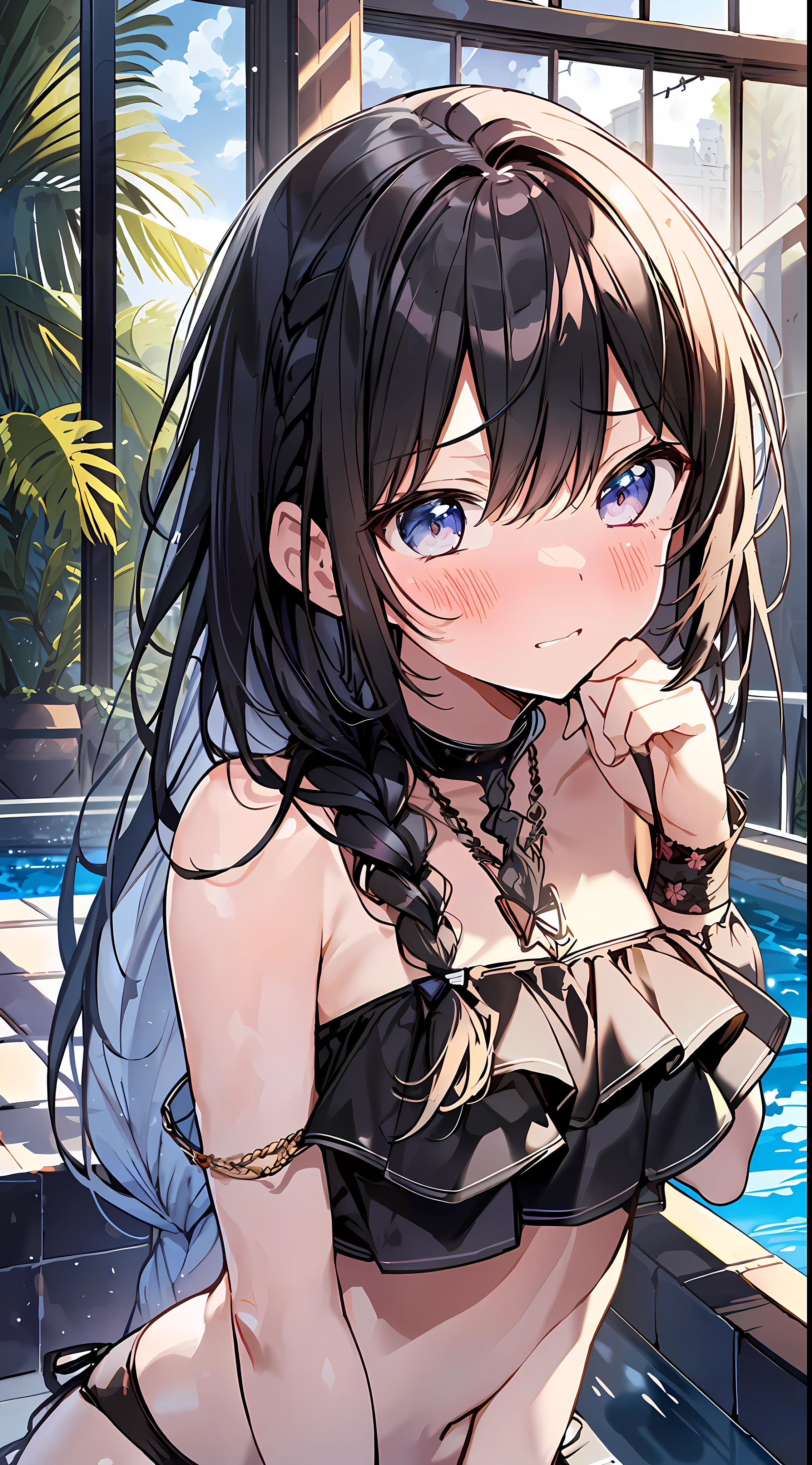 (Incredibly Absurdres Absolutely Resolution: 1.5), Top Quality, Masterpiece, Ultra High Resolution, 8k, Sun, (((Pool)), Midsummer, (Cute bikinis other than black with decorations, swimsuit), Shojo Manga style, Loli, Soft line art, Digital Enhancement, Shojo Manga Touch, Shojo Manga Core, (((Hair length to shoulder))) , (short braid))), soft drawing, beautiful black hair, clear eyes, ((flustered gesture, surprised expression)), ultra-detailed digital anime art, clear face depiction, ultra-detailed shoujo manga character art, clear facial features, manga style, top quality colors, angle that can be seen up to the feet, entangle, beautiful and aesthetic:1.3、High quality:1.3