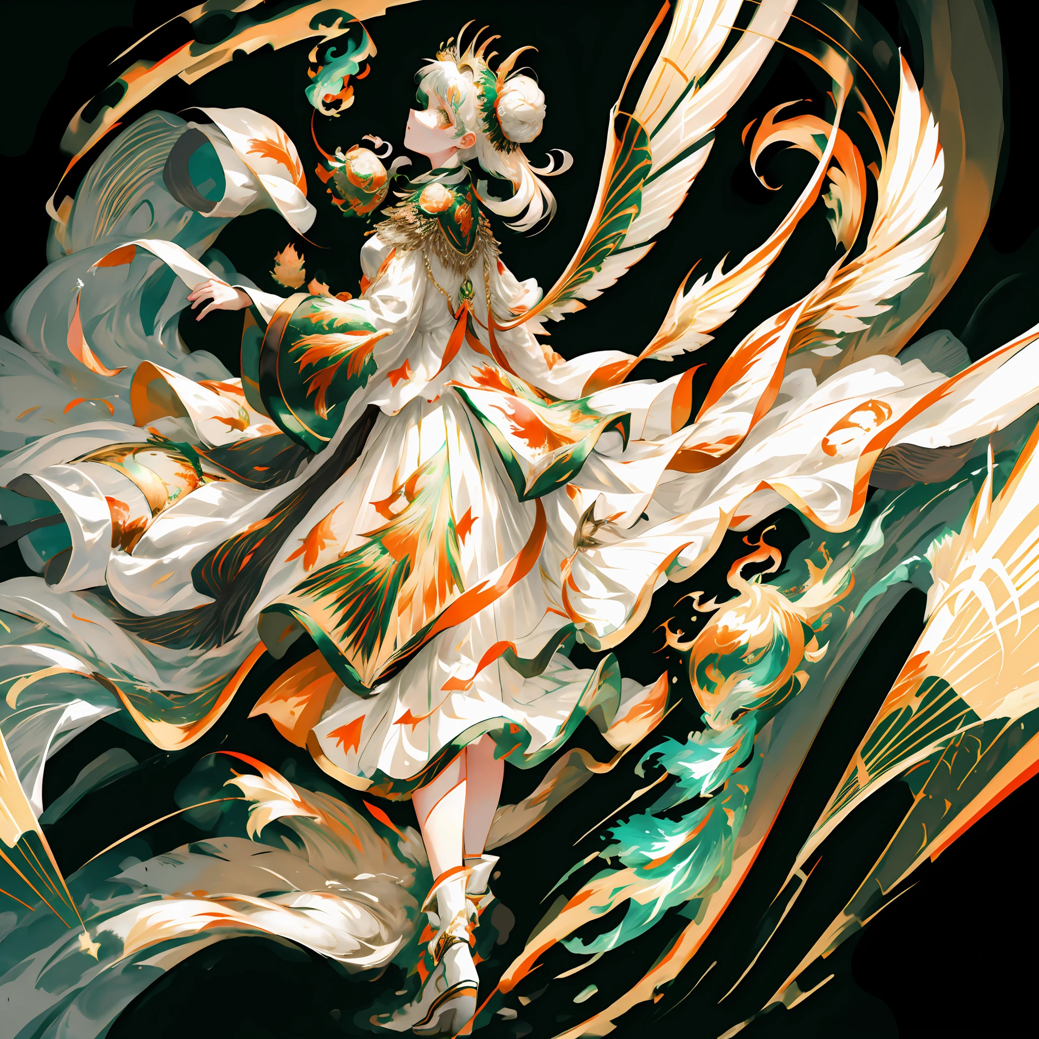 masterpiece), (best quality), (super delicate), (illustration), (extremely delicate and beautiful), (dynamic angle), white and black highlights, (legendary dragon queen: 1.3), (intricate details), golden eyes, green pupils, delicate face, messy floating hair, messy hair, focus, perfect hand, (fantasy wind), handsome shape, ((((black flame burning behind the young woman)))), (the battlefield behind the young woman: 1.2), (((bloody))) , Long hair: 1.2, Hair stick: 1.2, Bun: 1.2, Full body: 1.2, Dragon horn: 1.2, ((flow))), NHJY, white dress, mannequin with golden embellishments, parrot on shoulder, angel big wings, succubus, witch, little witch, royal sister, big breast, bandeau, sexy