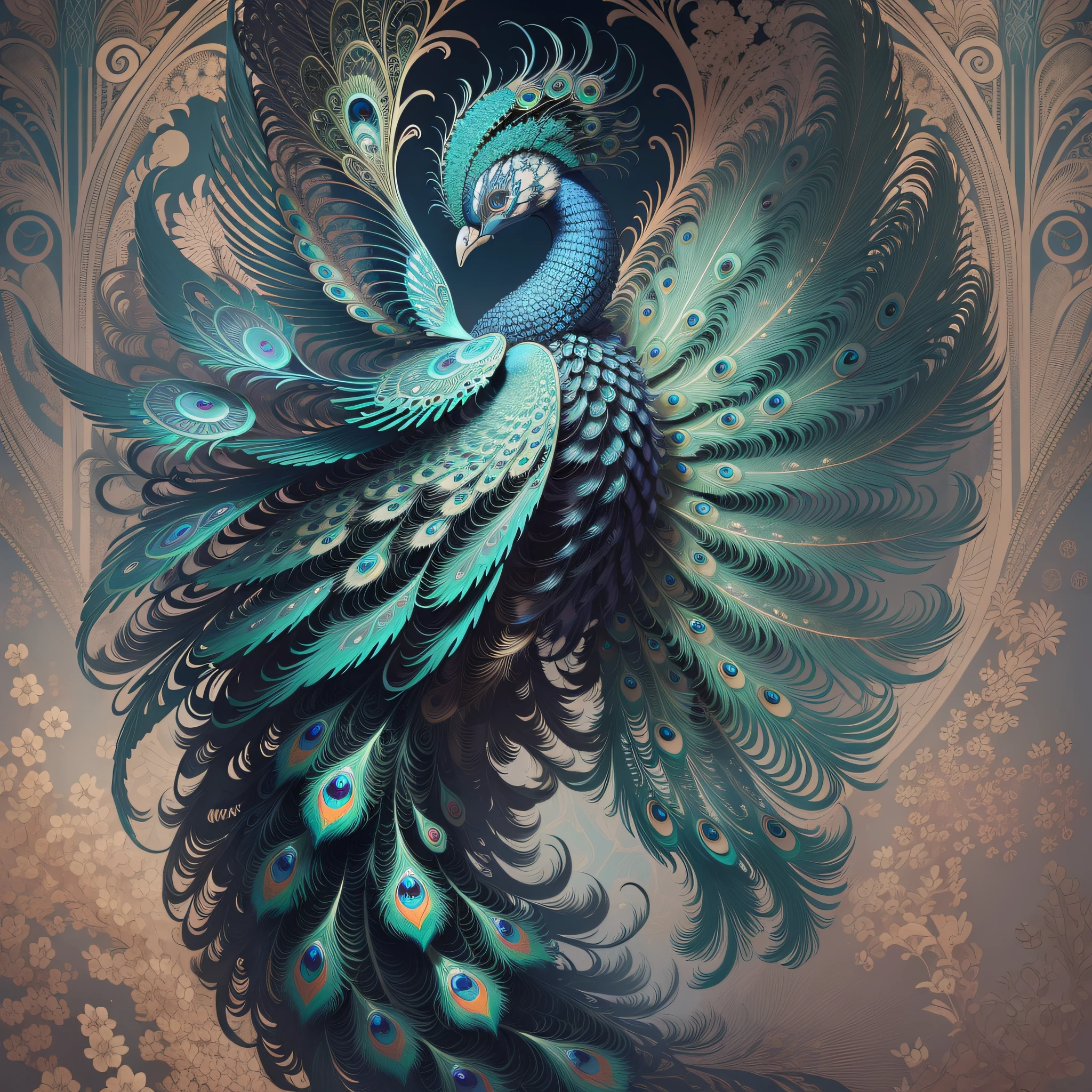 Robot mechanical peacock, robot wing, Ernst Haeckel, James Jean. generative art, baroque, intricate patterns, fractalism, film stills, realism, vibrant peacock feathers, intricate, elegant, very detailed, digital painting, artstation, smooth, clear focus, illustration, outrun, vaporware, full body shot