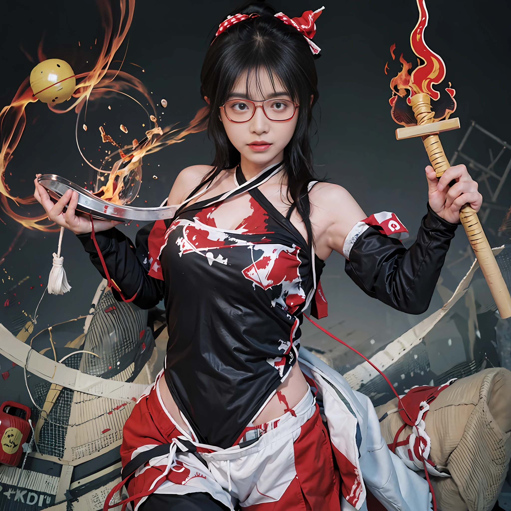 jacket partially removed, heart in eye, burnt clothes, holding a katana, kanji, doujin cover, pentagram, tape gag, adjusting headwear, red socks, friends, cloud print, coke-bottle glasses, oral invitation, competition school swimsuit, barbell piercing, gradient legwear, prisoner, blood on breasts, wind chime, carrying over shoulder, tape measure, flaming weapon, big breasts,