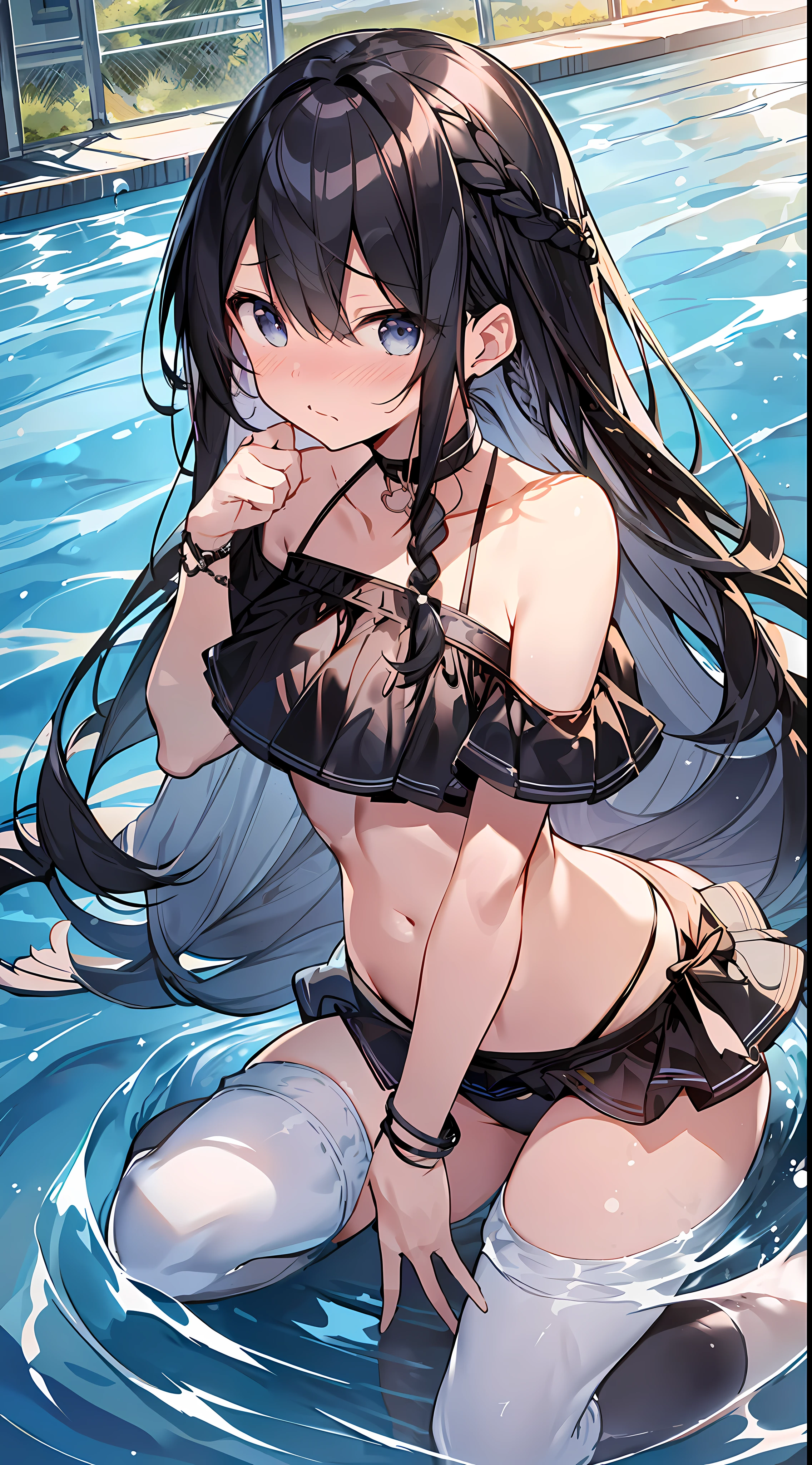(Incredibly Absurdres Absolutely Resolution: 1.5), Top Quality, Masterpiece, Ultra High Resolution, 8k, Sun, (((Pool)), Midsummer, (Cute bikinis other than black with decorations, swimsuit), Shojo Manga style, Loli, Soft line art, Digital Enhancement, Shojo Manga Touch, Shojo Manga Core, (((Hair length to shoulder))) , (short braid))), soft drawing, beautiful black hair, clear eyes, ((flustered gesture, surprised expression)), ultra-detailed digital anime art, clear face depiction, ultra-detailed shoujo manga character art, clear facial features, manga style, top quality colors, angle that can be seen up to the feet, entangle, beautiful and aesthetic:1.3、High quality:1.3