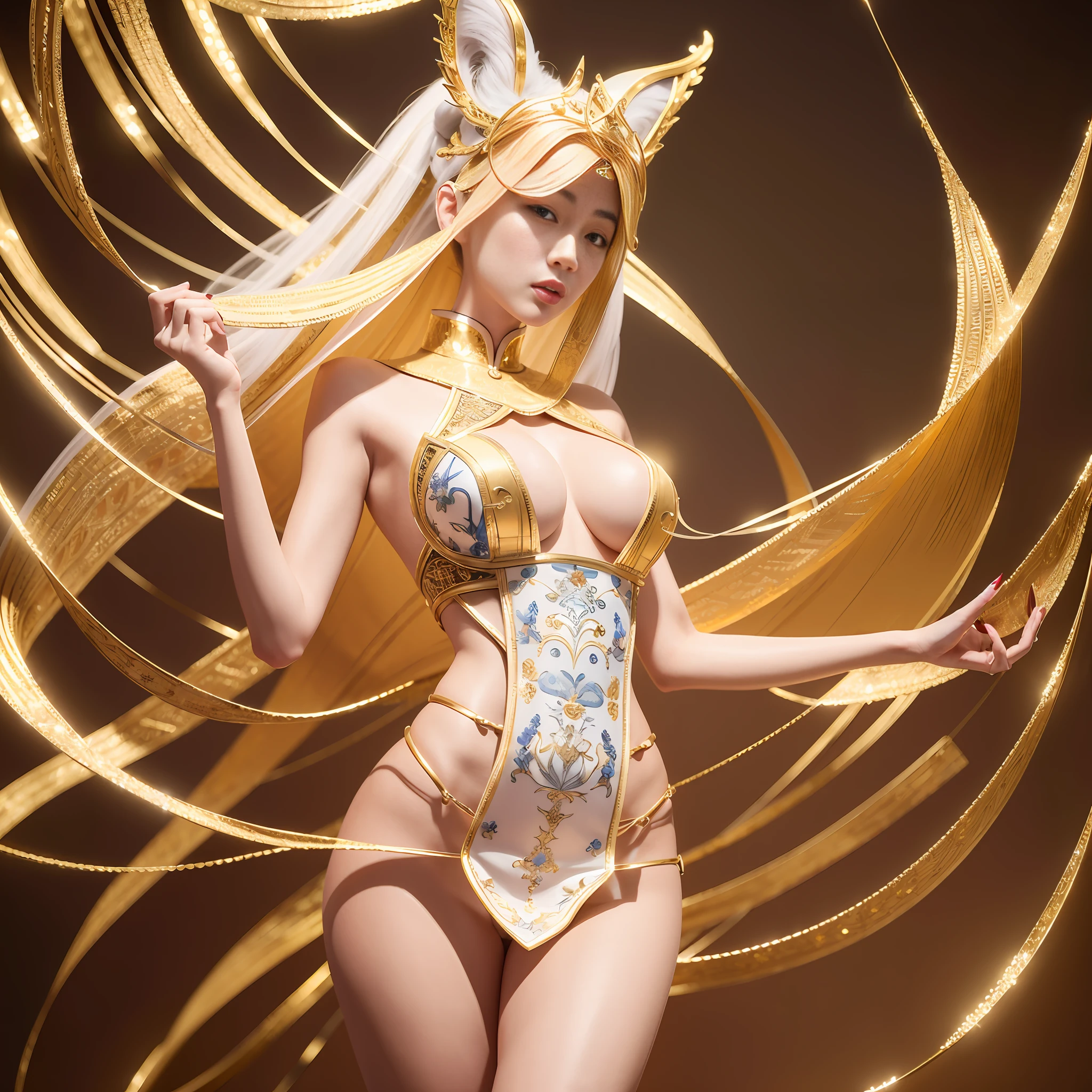Korean, masterpiece, best quality, high quality, extremely detailed CG unity 8k wallpaper, (realistic, Photo Real: 1.3), (RAW Photo: 1.2), Woman Body Set Medium Breasts, Exposed Breasts, Breast Enhancement Highlights, Full and Natural Breasts, Plump Breasts, Tender Skin Complexion, Straight Buttocks, (Transparent Tong), Surreal, 8K, Original Photo, Film Grain, Super High Resolution, Super Detail, Tall, Very Clear Face, Slender Long Legs, A Pair of Snow-white and Slender Beautiful Legs, Like Jade Legs Carved in Ivory, Perfect Proportions and Length, Stunning Face, Melon Seed Face, Qiong Nose and Cherry Lips, Eyebrows Picturesque, Variety of Styles, Seductive Nature, Slender and slender waist, close-up of a woman in gold and white clothing, Super Detailed Rendering, 3 D Rendered Character Art 8 K, Complex White and Gold Armor, Full Samurai Armor Fox, High Detail Iconic Character, 8K Rendering, Octane Rendering, Octane Rendering, Super Detail Octane Rendering, Super Detailed Octane Rendering, Super Detailed 3D Rendering, Futuristic Style Vixen Demon --auto --s2