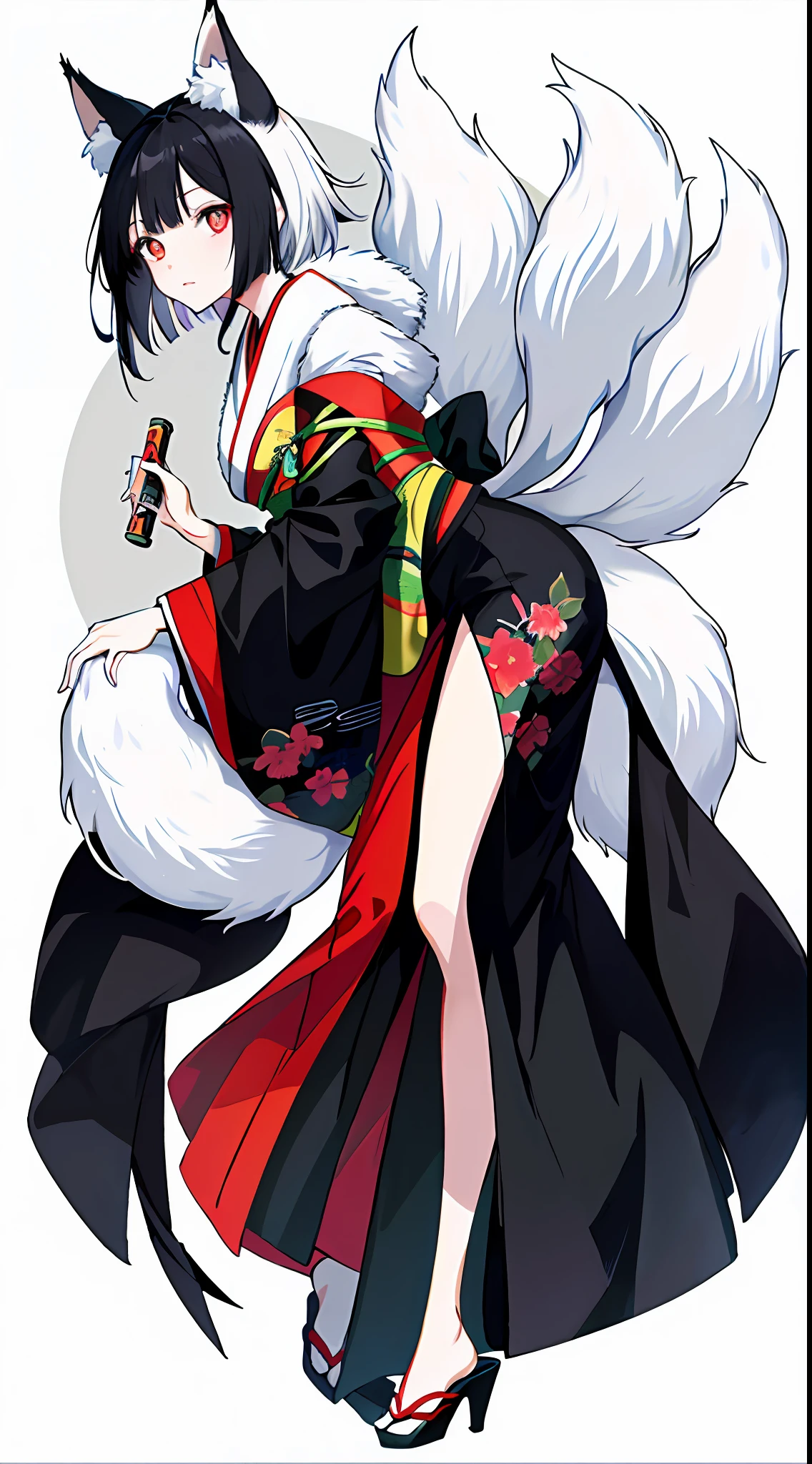 1girl, this painting depicts a female character dressed as a cat lady, anime girl in black and white costume with fox tail, white-haired fox, beautiful anime fox girl, very beautiful anime fox girl, a beautiful fox woman showing a very shy look, multiple tails, fluffy tail, the proportions are correct, the character is dressed in a highly detailed kimono, this painting is an album cover artwork that shows the whole leg, very fine. She has smooth black hair that shows a strong national character. The whole picture presents a typical Japanese anime manga style, she may have red pupils, giving a mysterious feeling. Add a touch of exoticism.