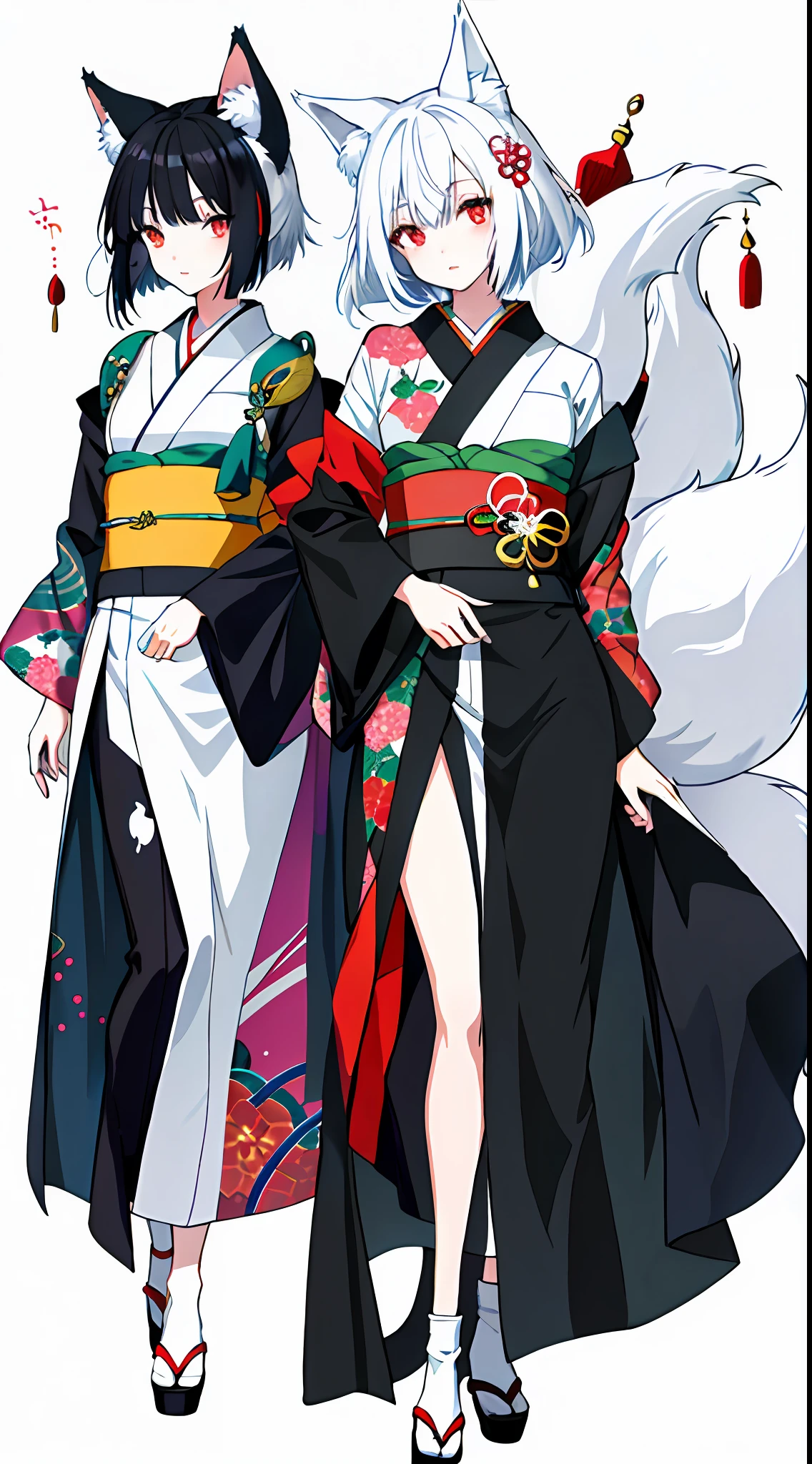 1girl, this painting depicts a female character dressed as a cat lady, anime girl in black and white costume with fox tail, white-haired fox, beautiful anime fox girl, very beautiful anime fox girl, a beautiful fox woman showing a very shy look, multiple tails, fluffy tail, the proportions are correct, the character is dressed in a highly detailed kimono, this painting is an album cover artwork that shows the whole leg, very fine. She has smooth black hair that shows a strong national character. The whole picture presents a typical Japanese anime manga style, she may have red pupils, giving a mysterious feeling. Add a touch of exoticism.