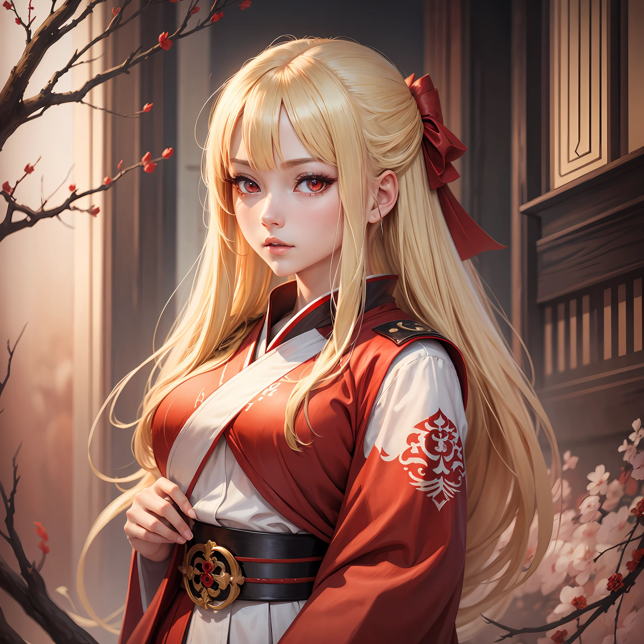 One blonde girl with red eyes, priestess uniform, red hakama