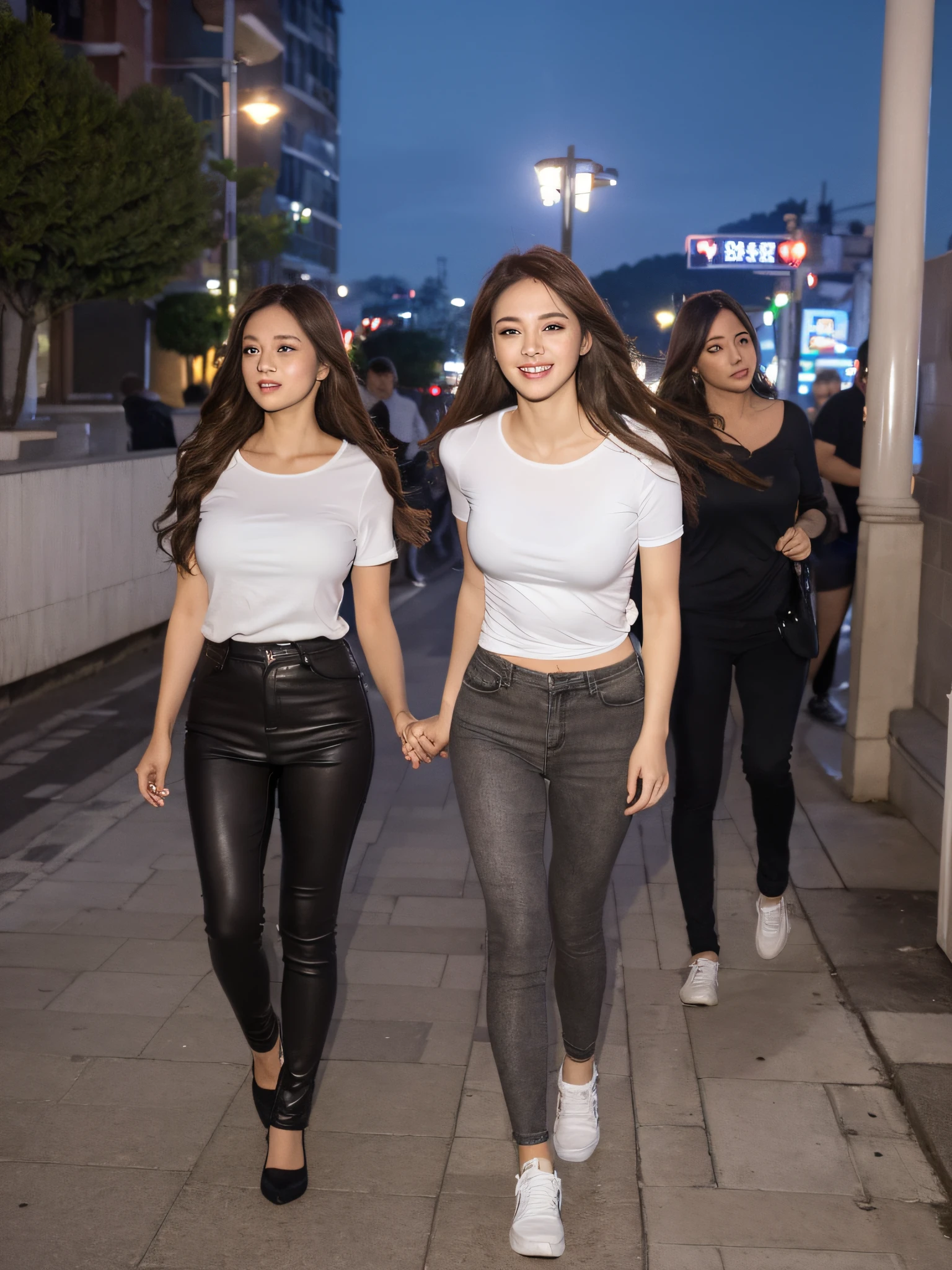 ((Excellent, (hyperrealistic, RAW photo, wallpaper), Masterpiece: 1.3)), Full body, Long legs, Focal length: 2, dynamic pose, dynamic view, dynamic angle, dynamic shot, Perfect Body Beauty: 1.4, Laughter, Slim Abs: 1.1, ((Dark brown layered hair, Big breasts: 1.2) ), (White skinny T-shirt, Leggings, Walking: 1.2), ((City Night View, Street: 1.3)), Highly detailed face and skin texture, detailed eyes, double eyelids