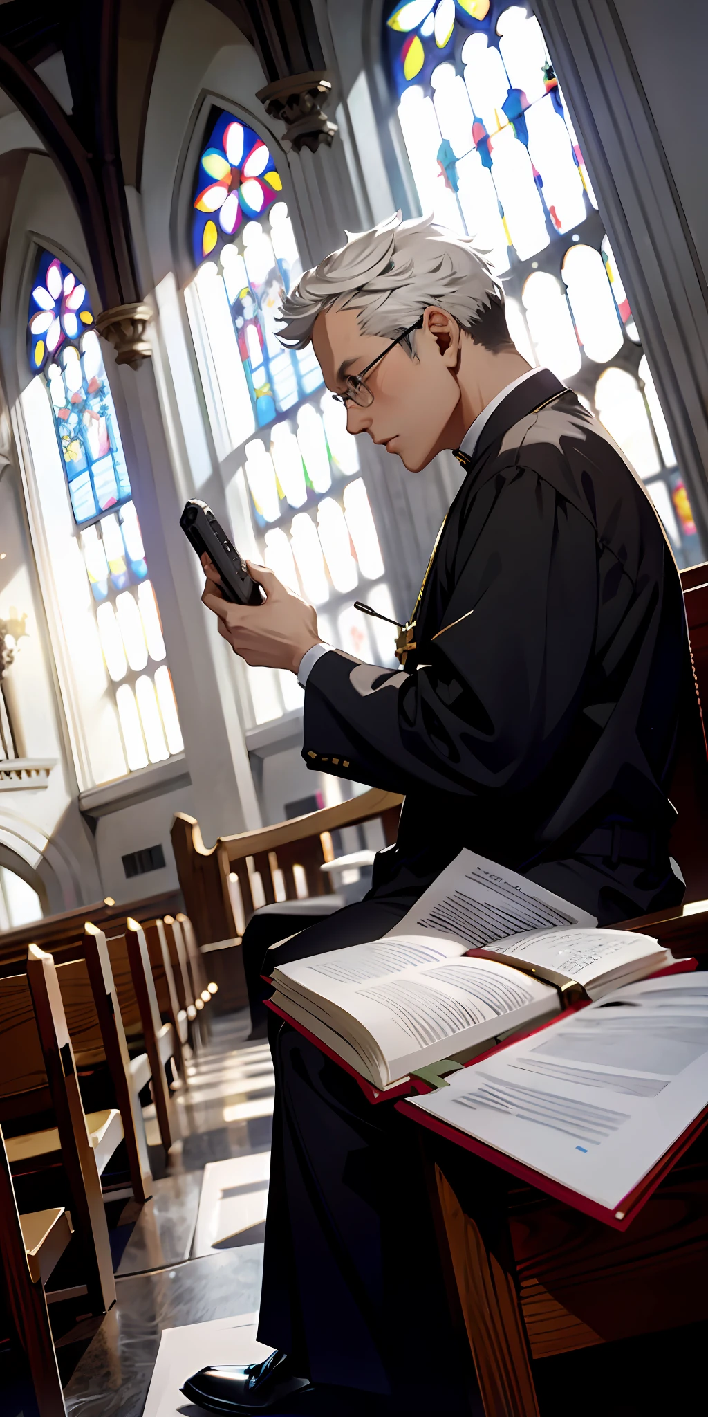 Priest in a church talking on cell phone