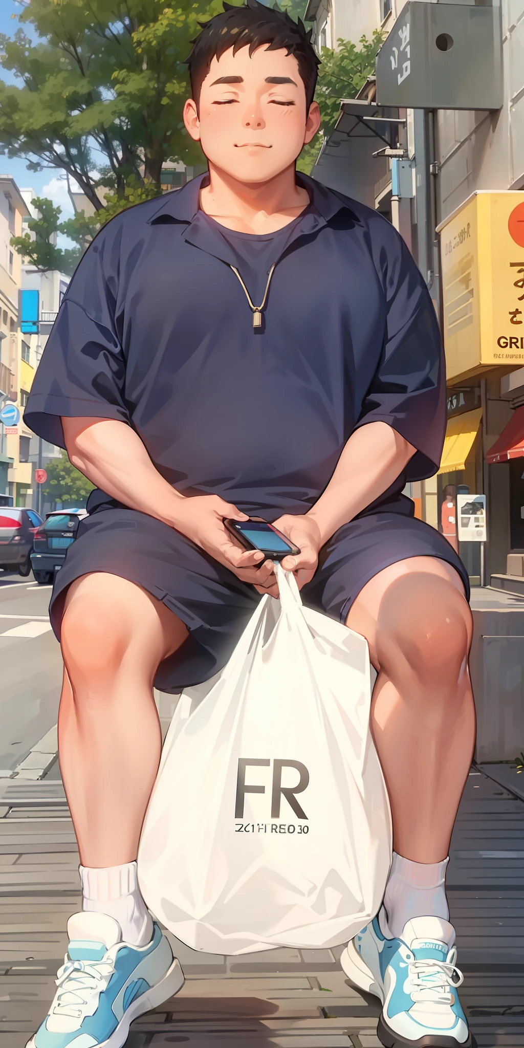 High quality, 8k, a slightly chubby boy sitting on a stone bench on the side of the street, carrying a plastic bag, holding a mobile phone, shorts, short sleeves, eyes closed