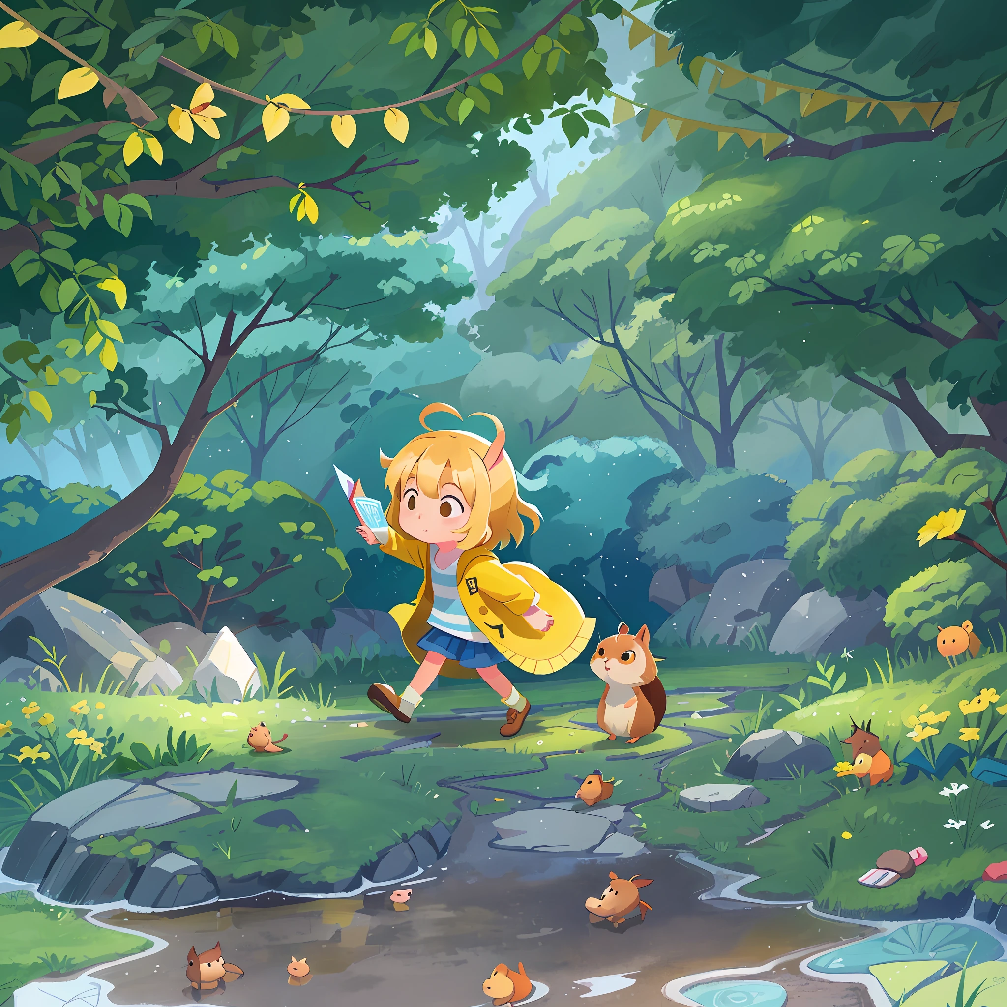 A girl in a yellow raincoat, a little squirrel in a tan, by Yi Inmun, by Kamisaka Sekka, animated film stills, children's book illustration, illustration, illustration art, children's book illustration, children's book illustration.