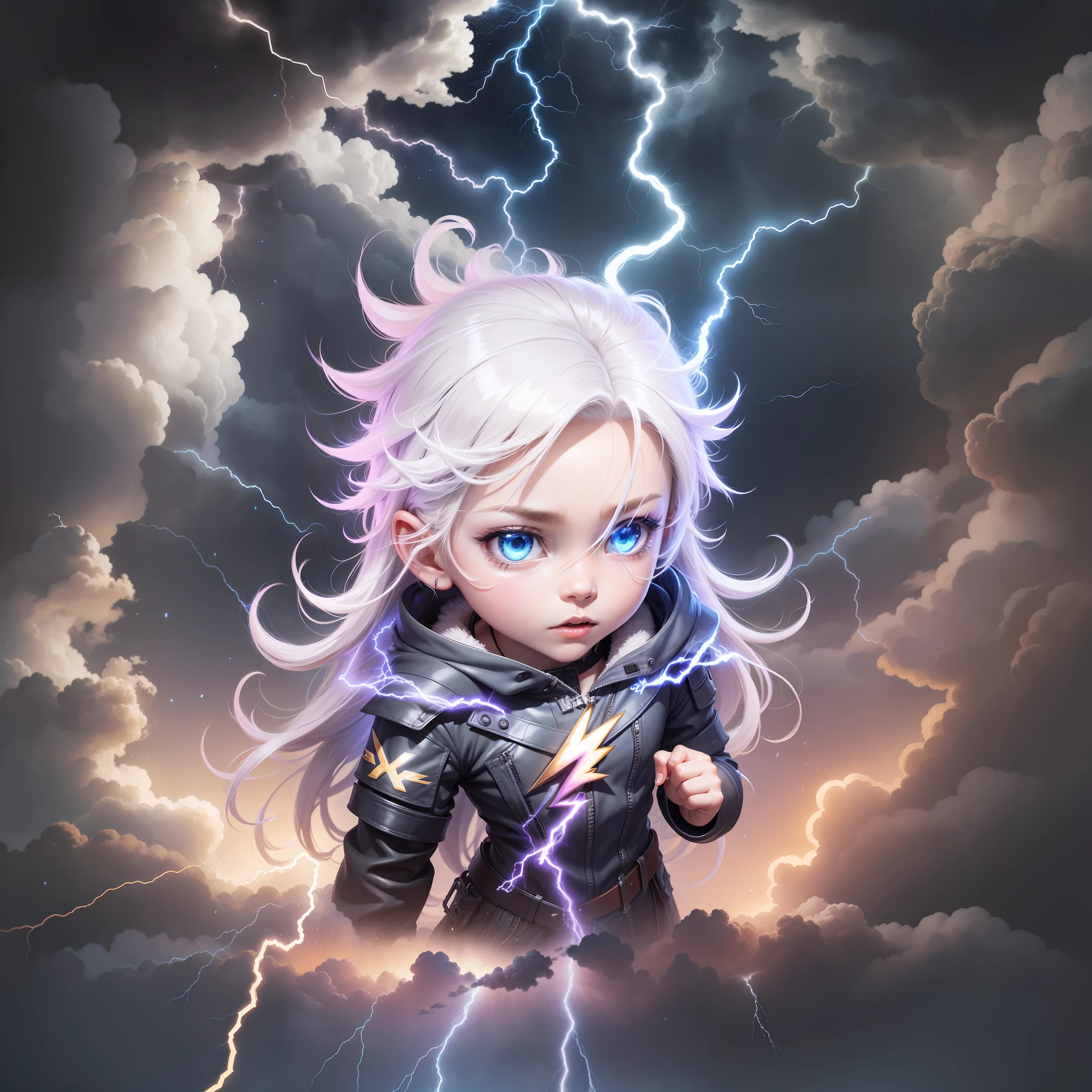 Zeus,lightning, lightning bolts, plasma field, white background, chibi