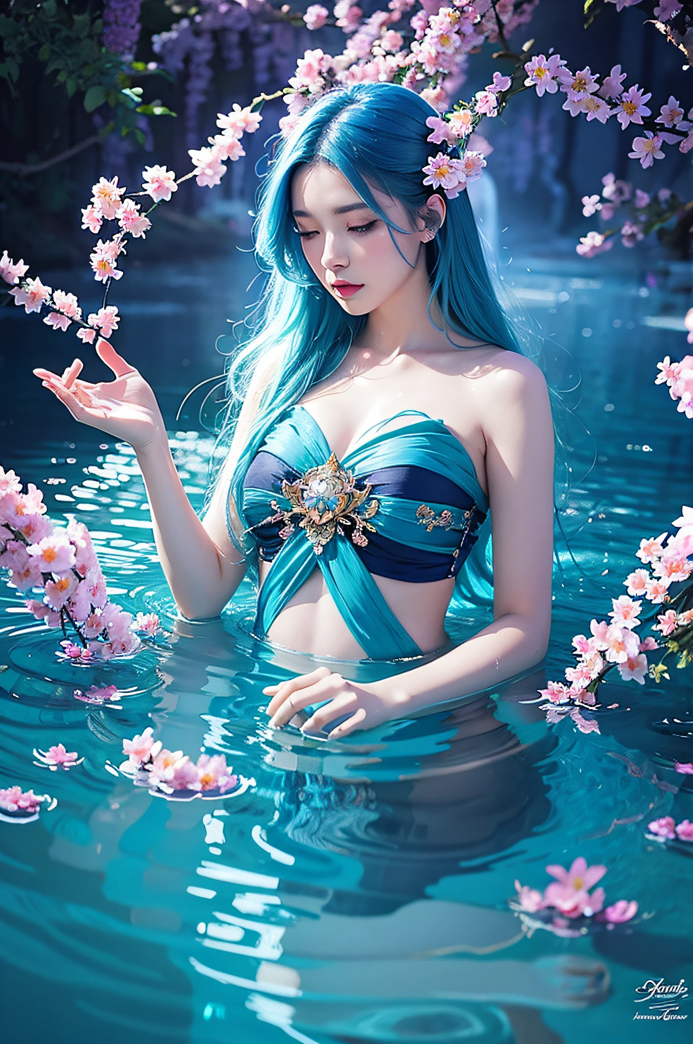 beauty with blue hair and flowers floating in water, beautiful beauty, beautiful digital illustration, beautiful artwork illustration, beautiful digital artwork, beautiful gorgeous digital art, beautiful digital art, asian female water element, gorgeous digital art, very beautiful digital art, close up fantasy with water magic, beautiful fantasy art, beautiful digital painting, beautiful digital illustration, gorgeous digital painting