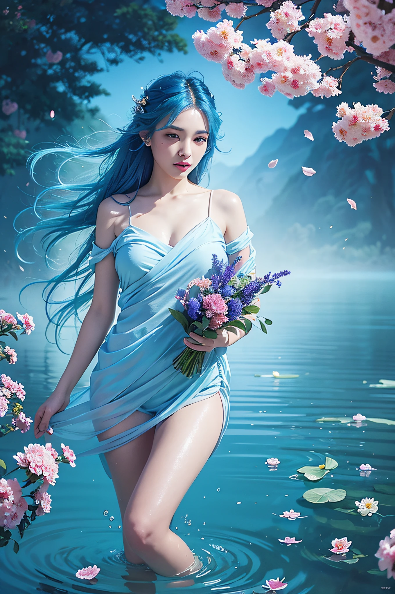 beauty with blue hair and flowers floating in water, beautiful beauty, beautiful digital illustration, beautiful artwork illustration, beautiful digital artwork, beautiful gorgeous digital art, beautiful digital art, asian female water element, gorgeous digital art, very beautiful digital art, close up fantasy with water magic, beautiful fantasy art, beautiful digital painting, beautiful digital illustration, gorgeous digital painting