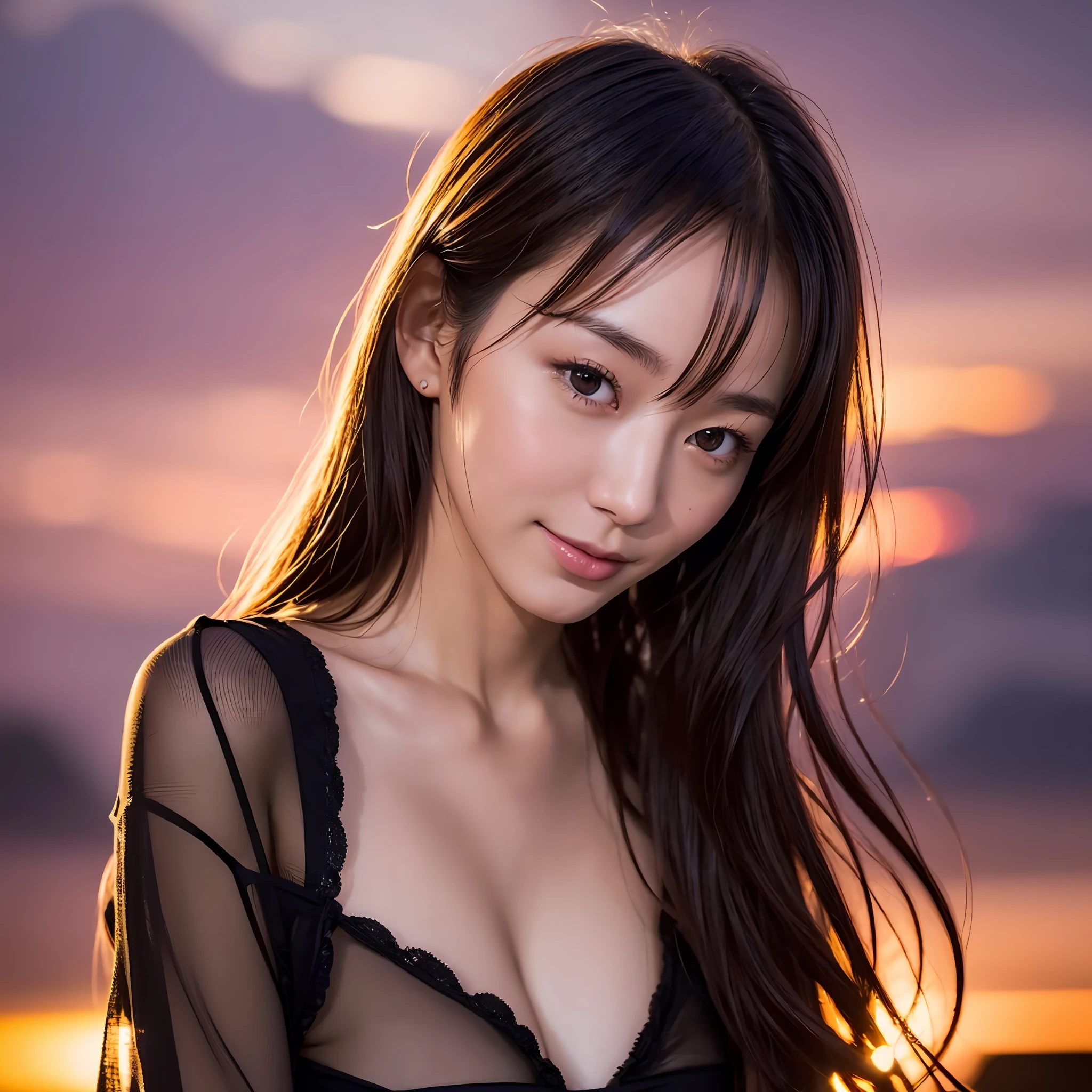 Japan beauty, slender, quiet breasts, small buttocks, detailed eyes, black underwear and clothing, dark black eyes, little smile, embarrassing , one and only, golden ratio, sunset, one girl --auto --s2