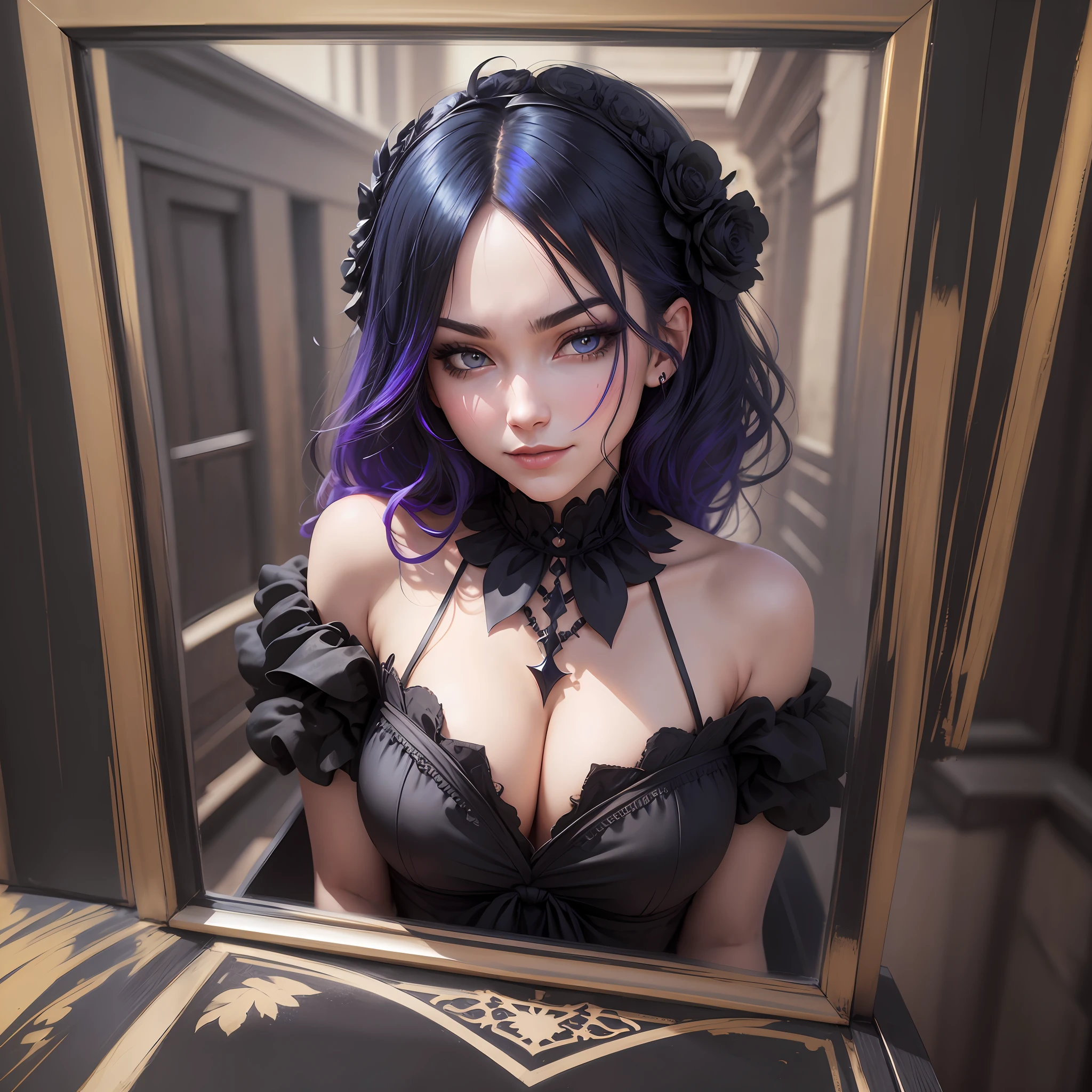 Beautiful face, black dress, Portrait, Upper body, cleavage, colored inner hair, gradient hair, evil smile, embarrassed, Social realism, Gothic art, Baroque, Constructivism, sideways, f/1.2, best quality, super detail, masterpiece --auto --s2