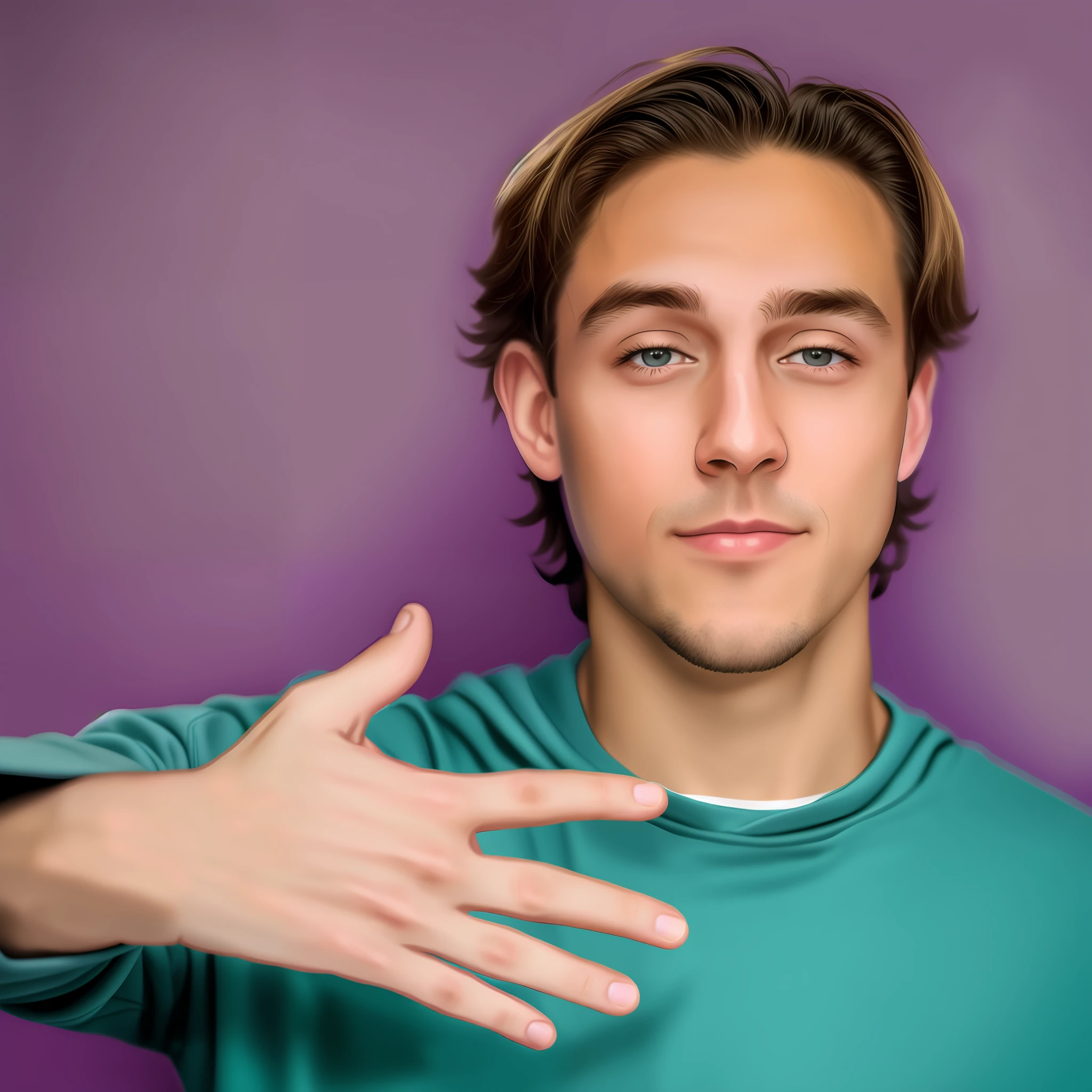 there is a man that is holding his hands out to the camera, wearing purple undershirt, young man in a purple hoodie, halfbody headshot, young man with medium - length, shrugging arms, hand gesture, hero pose, medium head to shoulder shot, hand on his cheek, halfbody portrait, half-body portrait, expressive pose, large friendly eyes