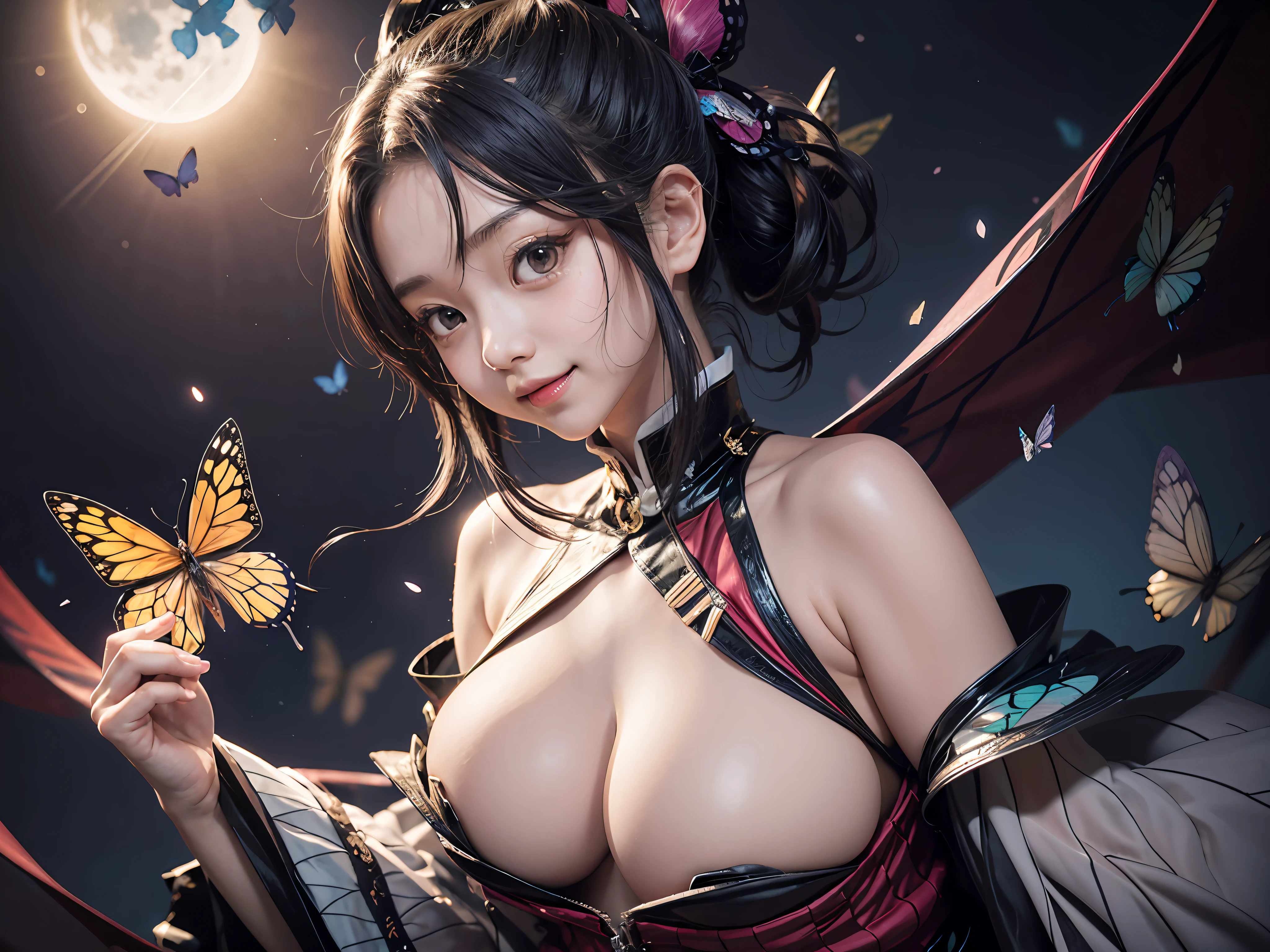 shinobu, Kimetsu no Yaiba manga, 1 girl, smile gently, play with butterflies, dynamic angle shot, ultra detailed, ((hyper realistic)), glittering, moon light, RAW photo, full shot, wide shot, sexy, big breasts