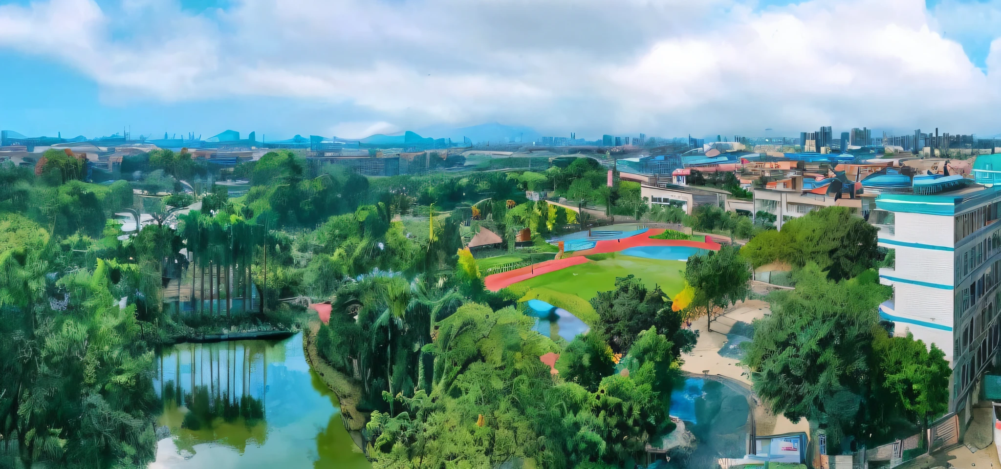 a view of a park with a pond and a tennis court, with a park in the back ground, with a park in the background, park in background, bird's view, hangzhou, guangjian, parks and lakes, shenzhen, parks and public space, bird's eye view, bird eye view, bird view, park landscape, shot from 5 0 feet distance