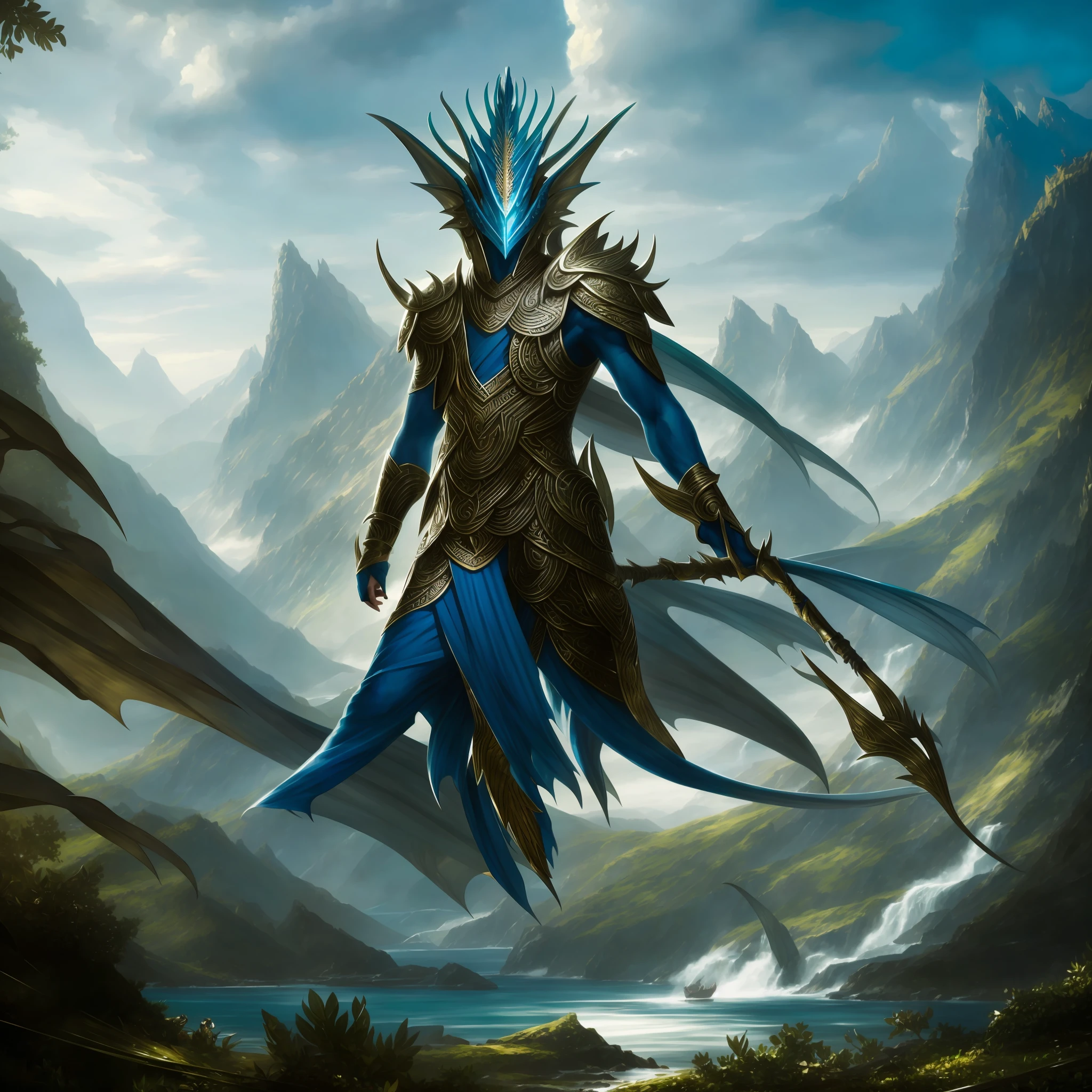 Close-up Portrait of a Assyria silver Merfolk_Person, Fantasy, Medieval, Volumetric lighting, concept art, brush stroke style, artstation, trending, highly detailed, art by greg rutkowski. highly detailed fantasy forest alien scenario, dragon-inspired outfit. One notable characteristic of this image is its use of color and lighting, which adds to the fantastical and whimsical atmosphere. The vibrant blue and green colors of the dragon costume contrast with the surrounding environment, drawing attention to the person in the unique outfit. Additionally, the lighting may have been adjusted to enhance the visual impact of the costume and face paint, further emphasizing the dragon-like features of the person in the image.
