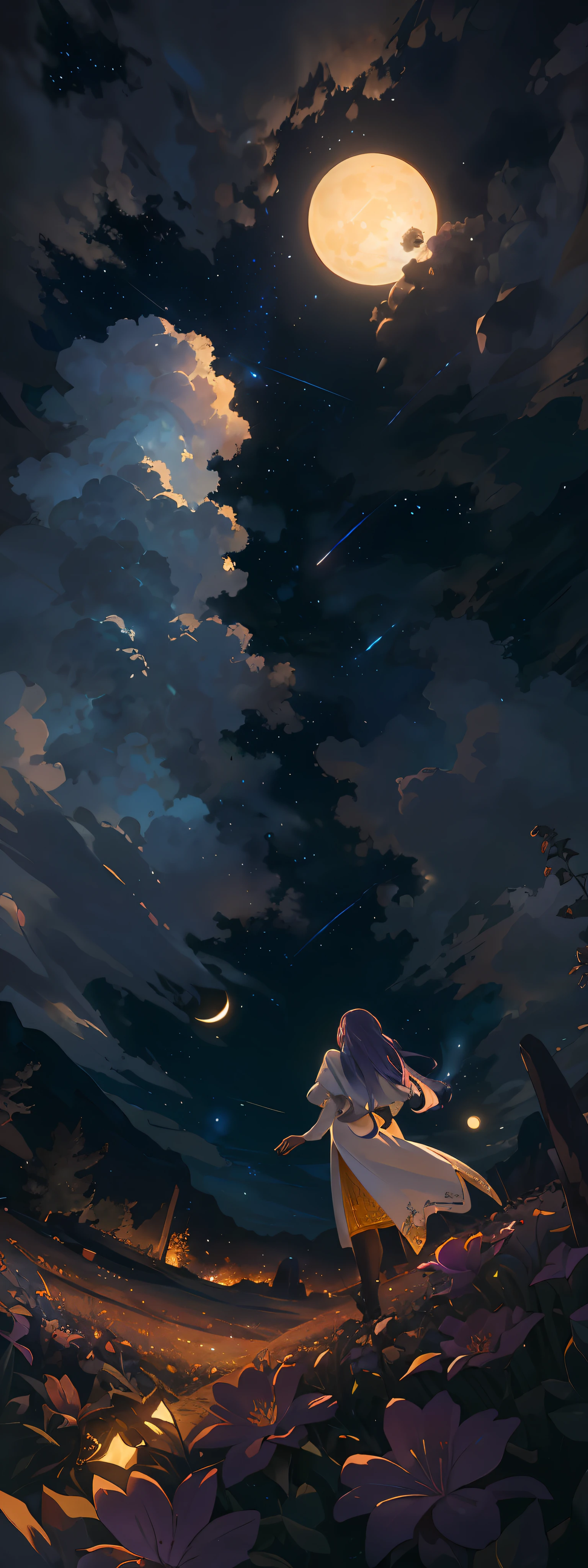 Photographs of vast landscapes, (from below, sky above, open fields below), a girl standing on a flower field looking up, detailed character portrayals, (Full Moon: 1.2), (Meteors: 0.9), (Nebula: 1.3), distant mountains, Trees BREAK Making art, (Warm Light Source: 1.2), (Firefly: 1.2), Lamps, lots of purple and orange, Intricate details, volumetric lighting BREAK (Masterpiece: 1.2), (Best Quality), 4K, Ultra Detailed, (Dynamic Composition: 1.4), Detailed, Colorful, (Iridescent: 1.2), (Glow, Atmospheric Lighting), Dreamy, Fantastic, (Solo: 1.2)