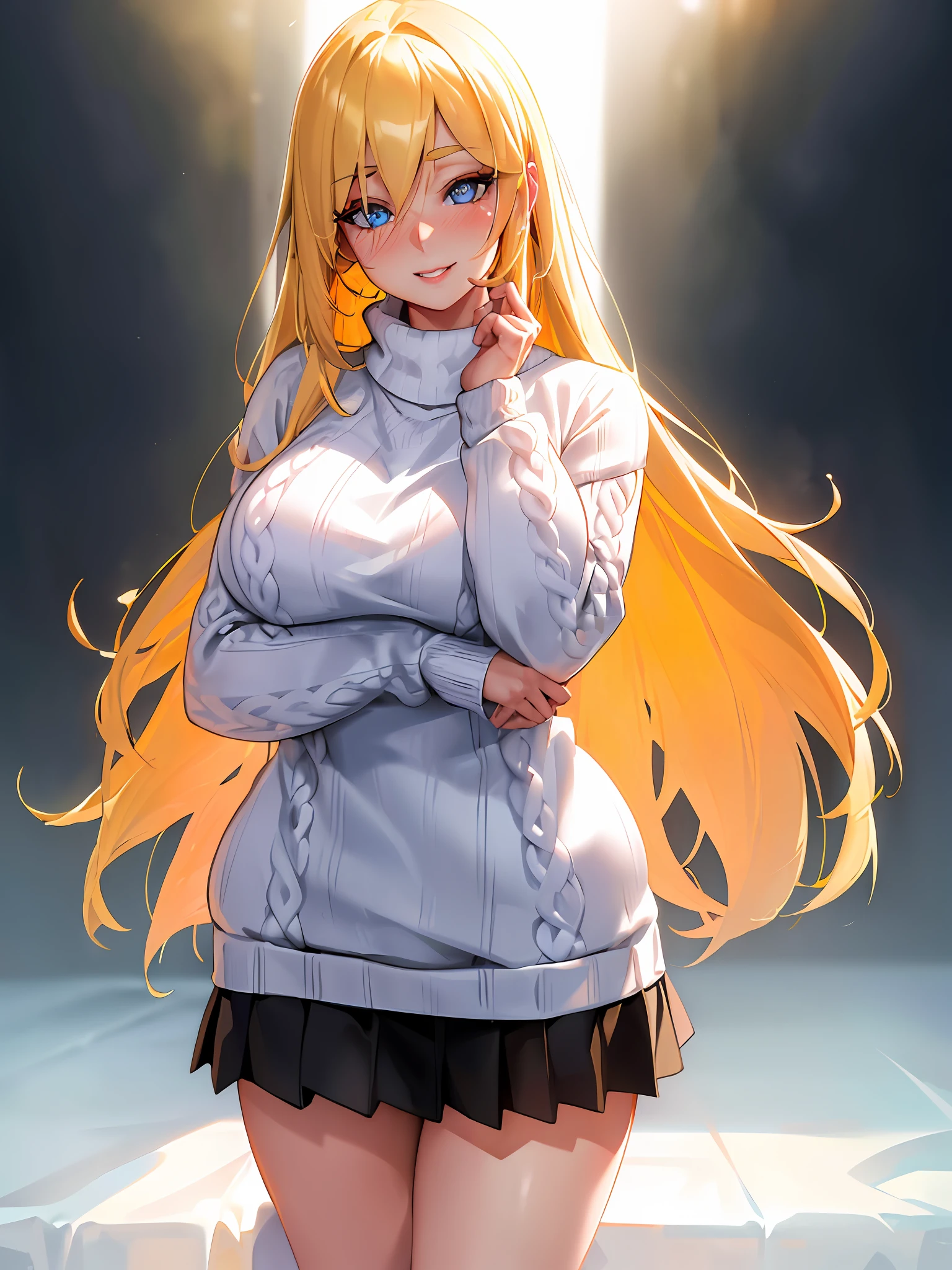 (masterpiece, best quality:1.4), (modern days), (cowboy shot), 1girl, solo, pov, sfw, stunning girlfriend, (standing:1.1), dynamic pose, (white oversized sweater, knit sweater:1.4), (Black pleated skirt: 1.4), long blonde hair, bangs, heart-shaped face, elegant face, beautiful face, high-detail face, high-detail skin, skin pores, subsurface scattering, (blue eye details), realistic pupils, plump breasts, loving smile, draped yellow hair, looking at audience in black high heels, full blush, plump lips, depth of field, atmospheric perspective, volumetric lighting, clear focus, absurd, realistic proportions, good anatomy, (realistic, hyper-realistic:1.4) , 16k hdr,