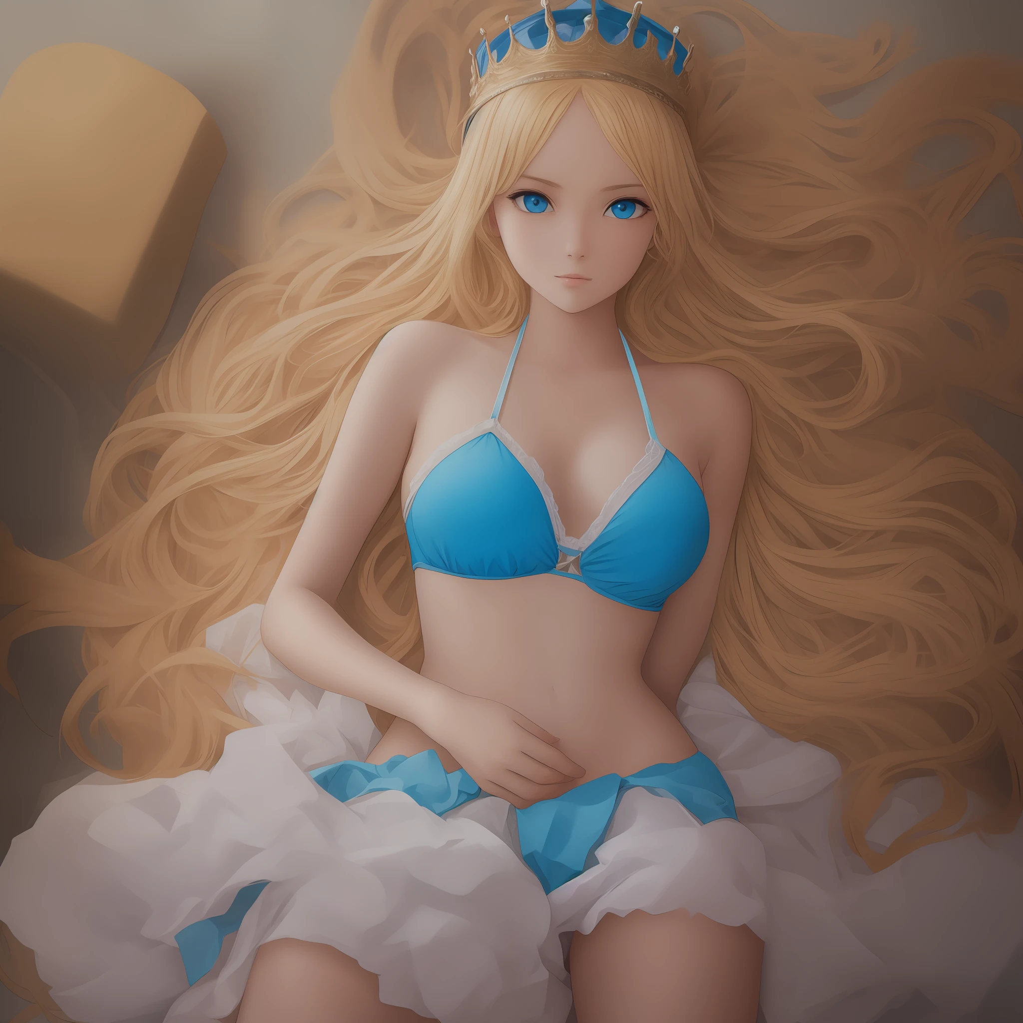 Anime girl with crown and blue eyes on her head, bikini
