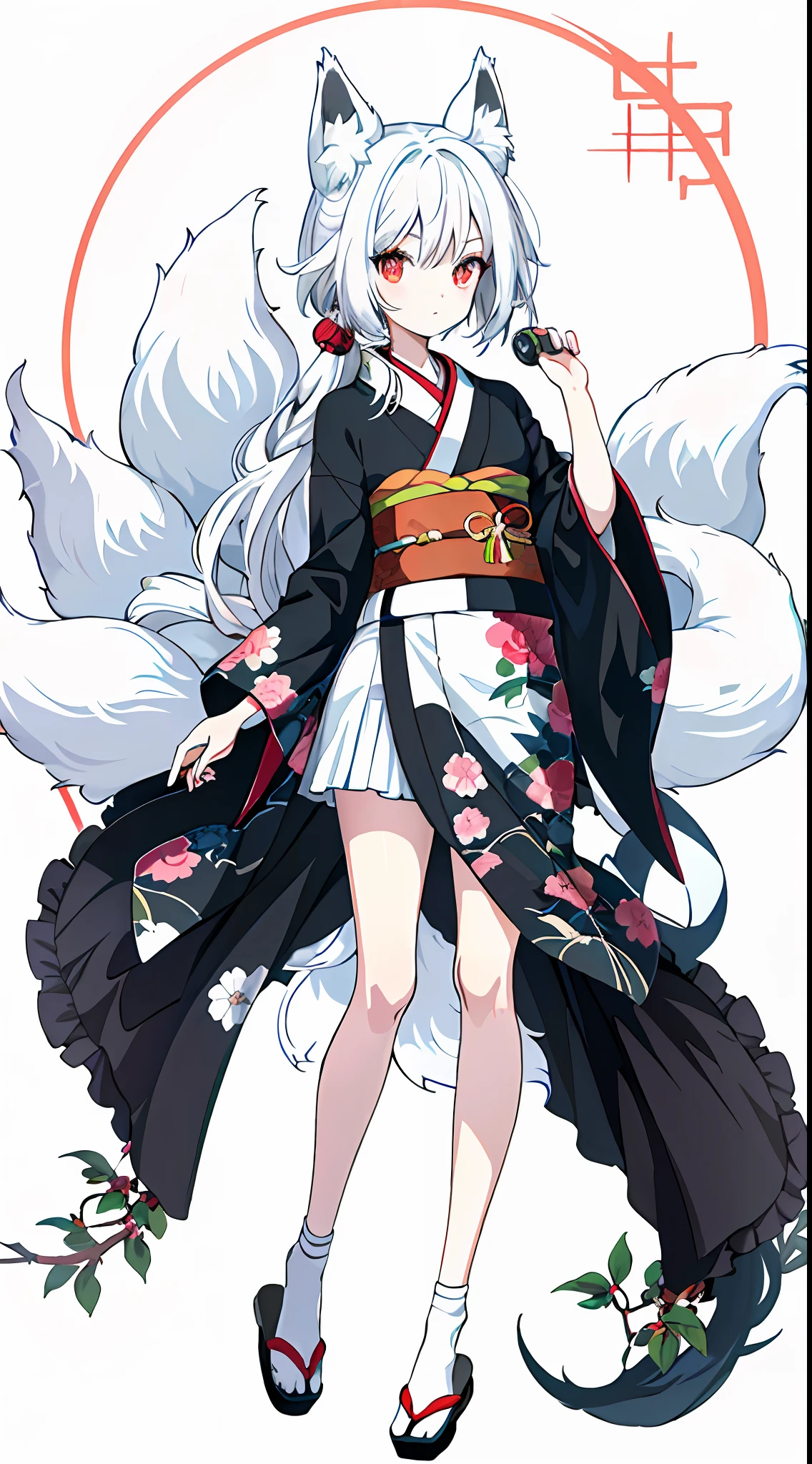 1girl, this painting depicts a female character dressed as a cat lady, anime girl in black and white costume with fox tail, white-haired fox, beautiful anime fox girl, very beautiful anime fox girl, loli, 'shows a very shy look, multiple tails, fluffy tail, the proportions are correct, the character is dressed in a highly detailed kimono, this painting is an album cover artwork, revealing the whole leg, very fine. She has smooth black hair that shows a strong national character. The whole picture presents a typical Japanese anime manga style, she may have red pupils, giving a mysterious feeling. Add a touch of exoticism.