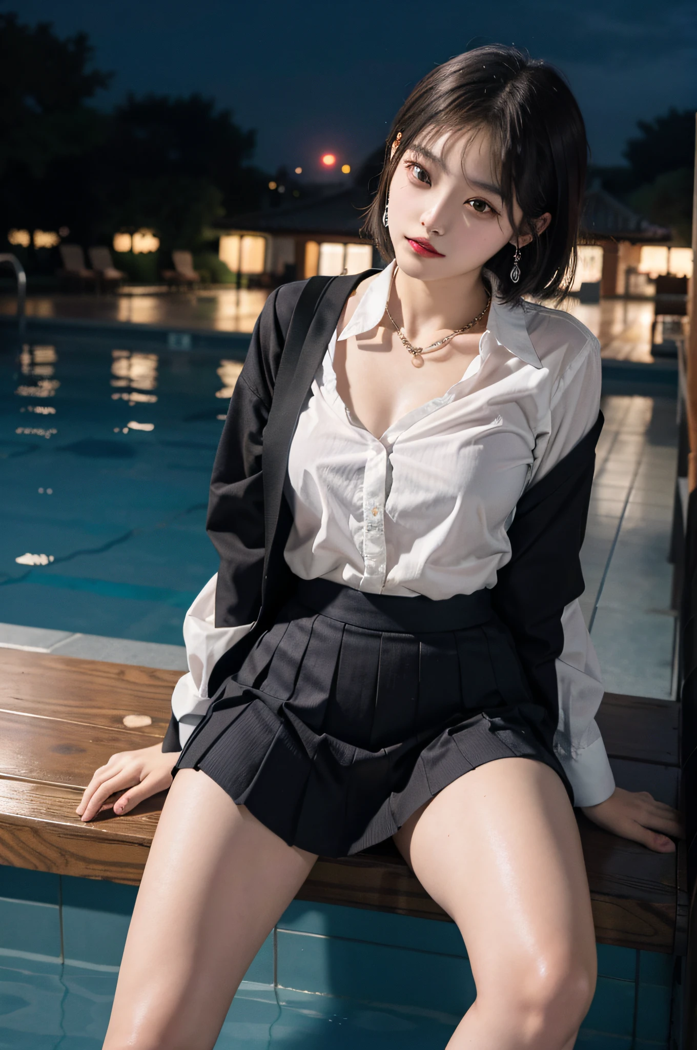 Korean school uniform, school uniform shirt, ribbon, skirt, bright brown hair, night school poolside, night poolside bench, dark atmosphere, 8K RAW photos, high resolution,  cute Japan, very big round breasts, beautiful eyes in detail, long eyelashes, beautiful double eyelids, slit eyes, elongated eye shape, Sanpaku eyes, duck mouth, evil smile, evil expression, beautiful and very thin legs, beautiful and very thin thighs, random short hair, hair tied behind the head, earrings, necklaces,