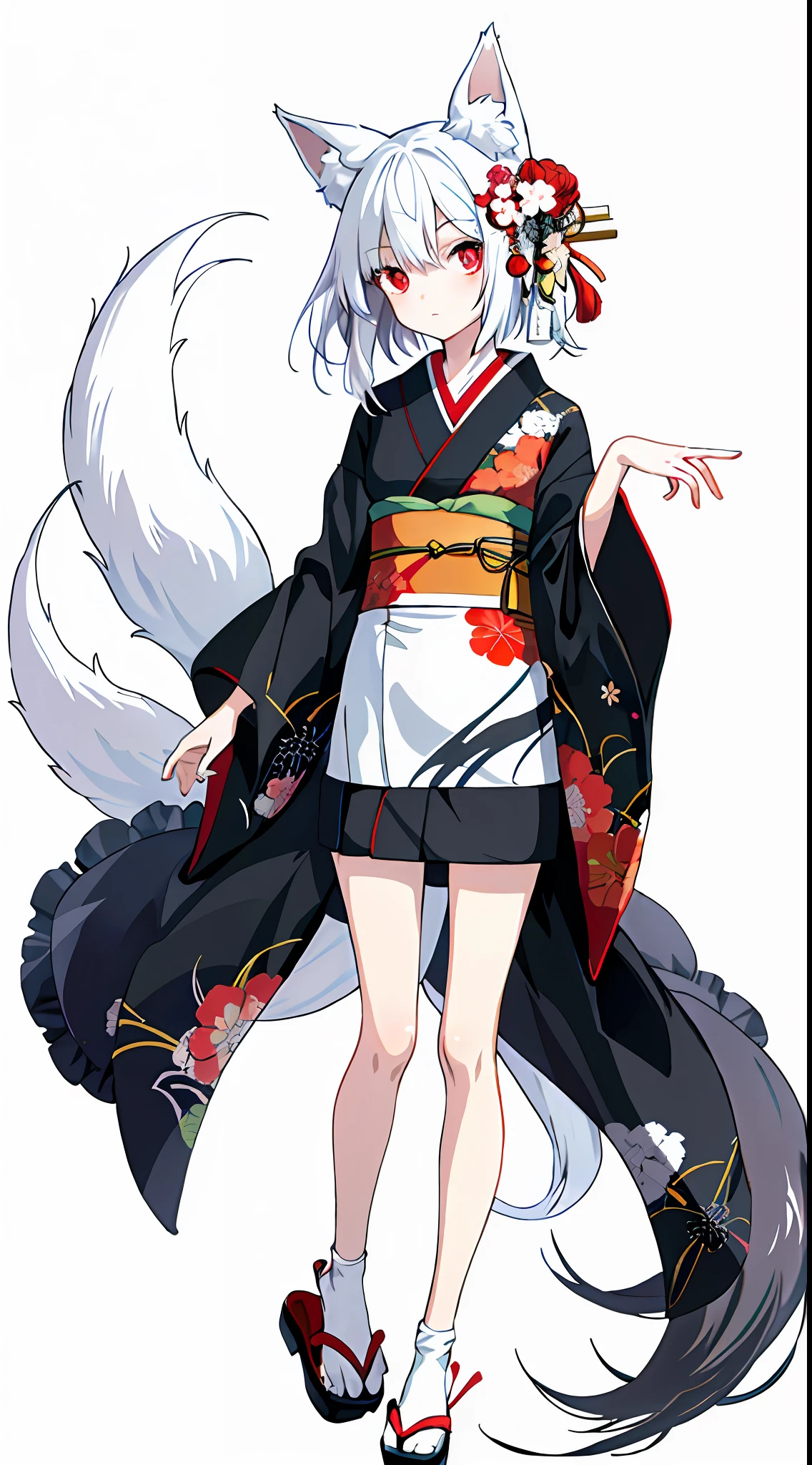 1girl, this painting depicts a female character dressed as a cat lady, anime girl in black and white costume with fox tail, white-haired fox, beautiful anime fox girl, very beautiful anime fox girl, loli, 'shows a very shy look, multiple tails, fluffy tail, the proportions are correct, the character is dressed in a highly detailed kimono, this painting is an album cover artwork, revealing the whole leg, very fine. She has smooth black hair that shows a strong national character. The whole picture presents a typical Japanese anime manga style, she may have red pupils, giving a mysterious feeling. Add a touch of exoticism.