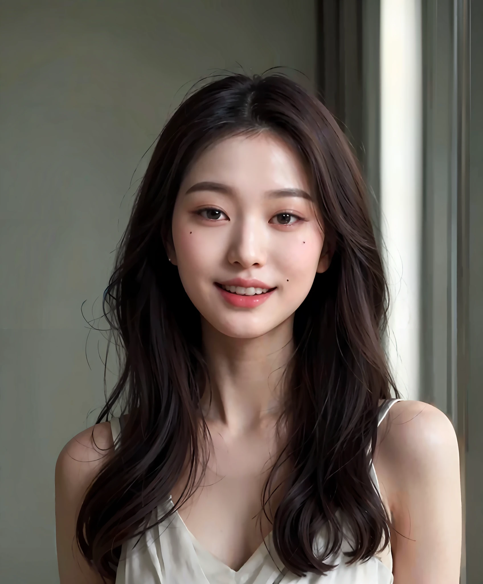 Arapei asian woman with long black hair and white shirt, in Yeonnam, beautiful korean woman, actress from Korea, gorgeous young korean woman, beautiful young korean woman, Lee Ji-eun, portrait of Korean female idol, cute korean actress, Choi Hyun-hwa, Korean artist, young cute korean face with gray background, happy look
