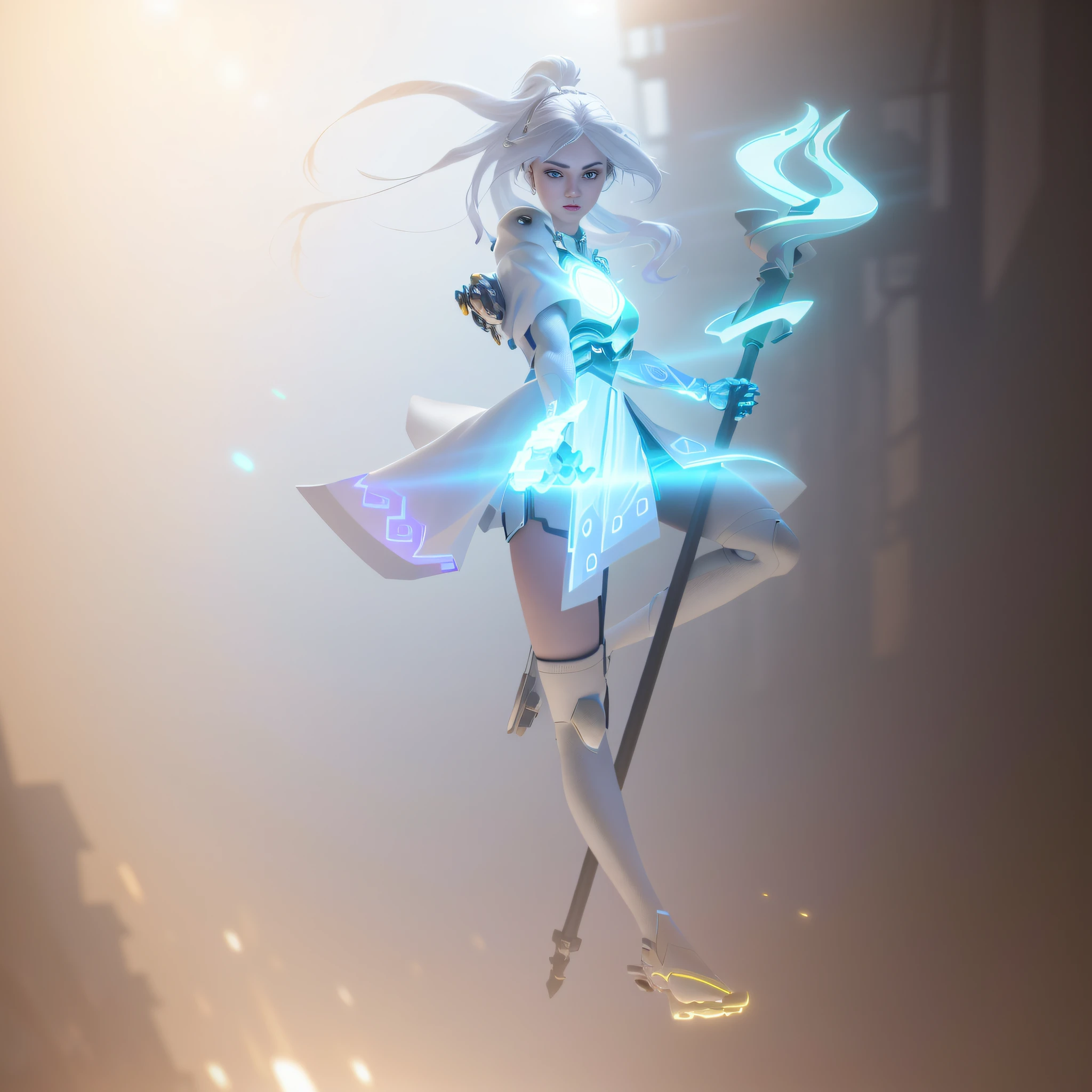 ((Best Quality)), ((Masterpiece)), (Very Detailed: 1.3), A Woman with a Staff in a Sprawling Cyberpunk Metropolis, HDR (High Dynamic Range), Ray Tracing, NVIDIA RTX, Super Resolution, Unreal 5, Subsurface Scattering, PBR Textures, Post Processing, Anisotropic Filtering, Depth of Field, Maximum Sharpness and Sharpness, Multi-layer Textures, Albedo and Highlight Maps, Surface Shading, Accurate Simulation of Light-Material Interactions, Perfect Proportions, Octane Rendering, Two-tone illumination, low ISO, white balance, rule of thirds, wide aperture, 8K RAW, high efficiency sub-pixel, subpixel convolution, luminous particles, metal armor, metal clothing, mechanical staff, mechanical clothing
