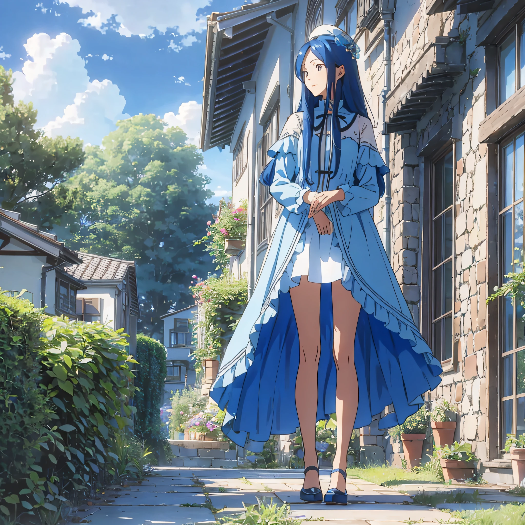 Royal sister long blue hair, long legs, blue sky and white clouds, garden --auto --s2