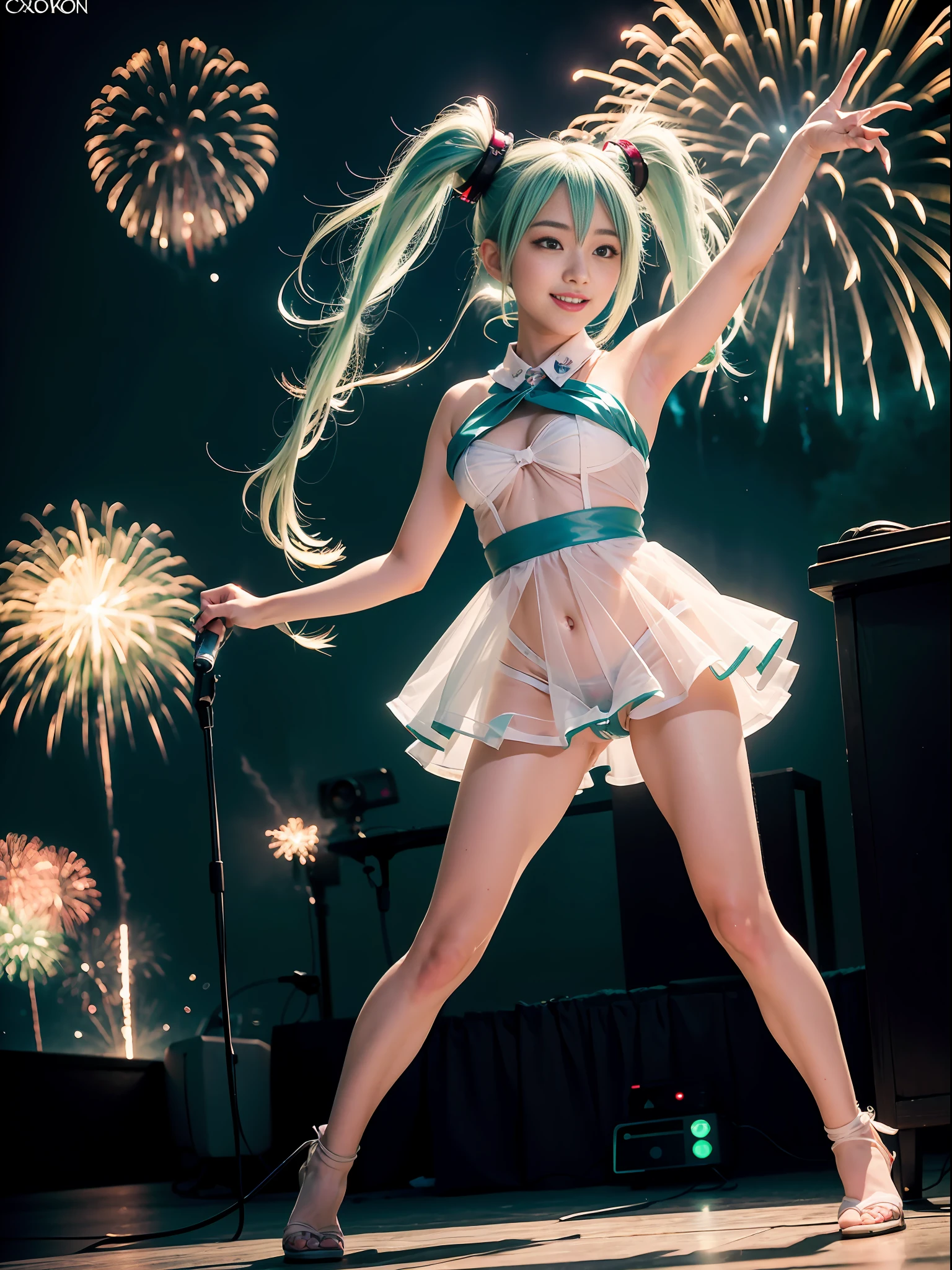 (Japan girl cosplaying Hatsune Miku: 1.4), (sweaty 4k: 1.2), camel pibe, bust top, open legs, pubic hair, areola,, troop potion, smile, (full body), open mouth, (big Hatsune Miku: 1.4), (green headset microphone: 1.2), big cosplayer, loli Japan cosplayer singing on stage, Lori's Japan cosplayer is dancing on stage, Lori's Japan posing, Japan loli in cosplay, fireworks display, half-off costume, lakeside fireworks display, sensual pose, jump high, ((translucent body, smooth translucent white skin: 1.6)), Sakimi-chan HDRI, background bokeh, background gradient, cute loli, Japan goddess, (Photorealistic: 1.8), (8k, RAW photos: 1.8), (HDR: 1.2), (shallow focus: 1.4), (sharp focus: 1.4), (clear nipple silhouette: 1.4), (clear areola silhouette: 1.4), (ultra-detailed clear silhouette of pubic hair: 1.4), (crowded, crowded: 1.0), (firework cascade: 1.4)