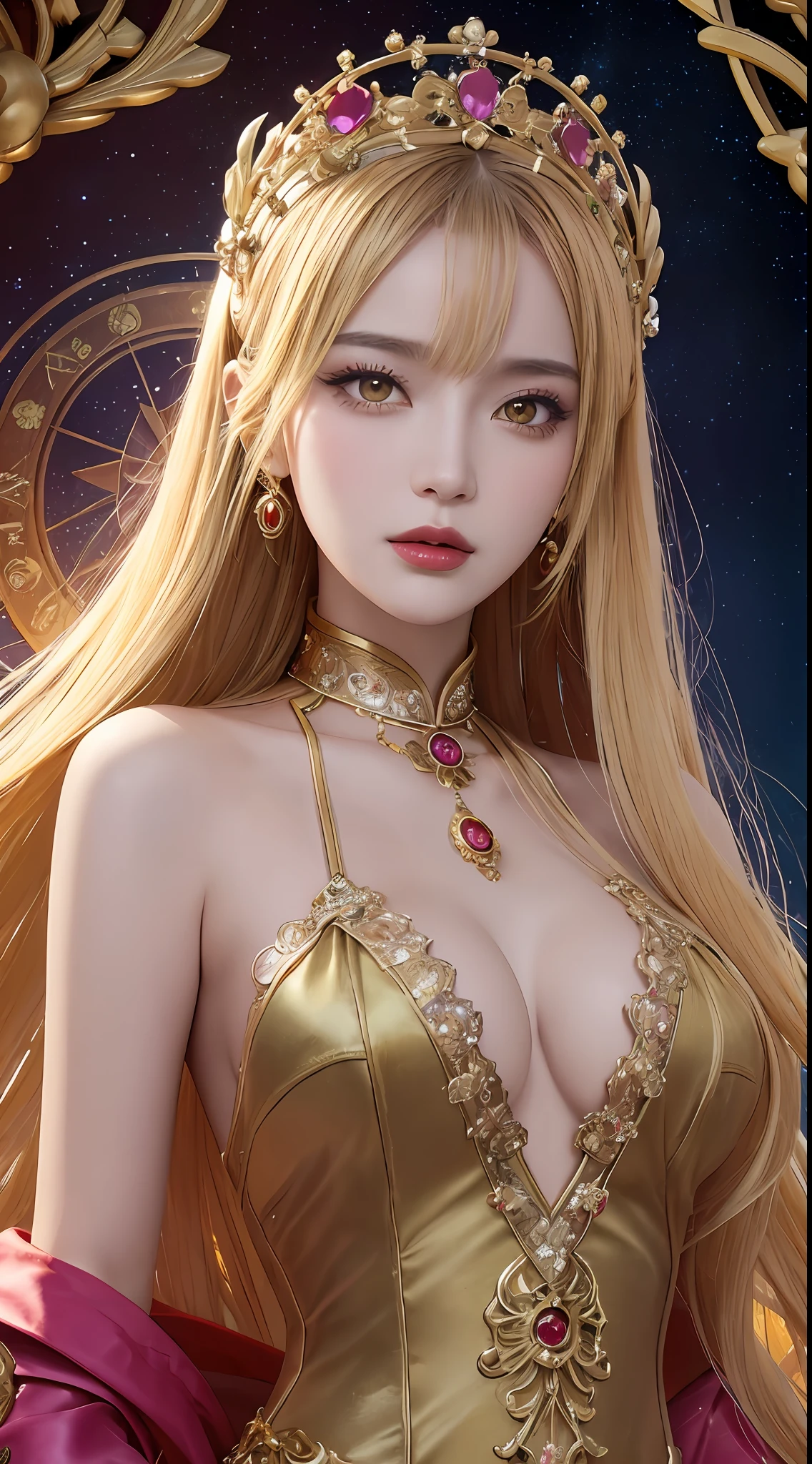 1 27-year-old girl, 1 zodiac goddess from the future, goddess of the pink and purple 12 zodiacs, the goddess of the zodiac in a yellow ao dai, a 12 zodiac ao dai with many black lace detail, mythology Goddess of the 12 zodiacs from the future, zodiac ♏, luxurious glittering zodiac style, dark and mysterious version, zodiac crown, lipstick lips red, thin and beautiful lips, mouth closed, characters made by karol bak and pino daeni, intricate detail, detailed background, extremely detailed, light magic, a woman, clear face, look at the face of goddess zodialook at the zodiac goddess face, hair long with bangs, beautiful face in detail and well-proportioned eyes, (transparent yellow eyes: 1.8), big round eyes and very beautiful and detailed makeup, foresight, silk dress, mysterious makeup , double bangs and dyed light blonde, uper body, zodiac goddess uper body, arms hanging loosely, Realistic and vivid photo, (stars make up the zodiac: 1.7), (sky background zodiac and fictitious space and time portal: 1.8), fiction art, RAW photo, hanfu picture, best photo, best photo quality, 8k quality, 8k ultra, super realistic, real photo most economical, artistic portrait of goddess zodiac,