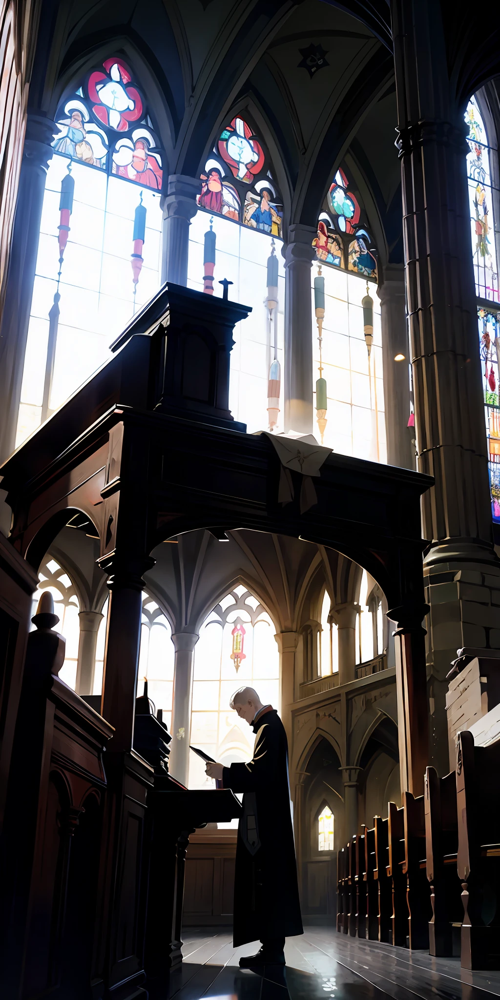 Priest inside a medieval Catholic church using a futuristic COMPUTER