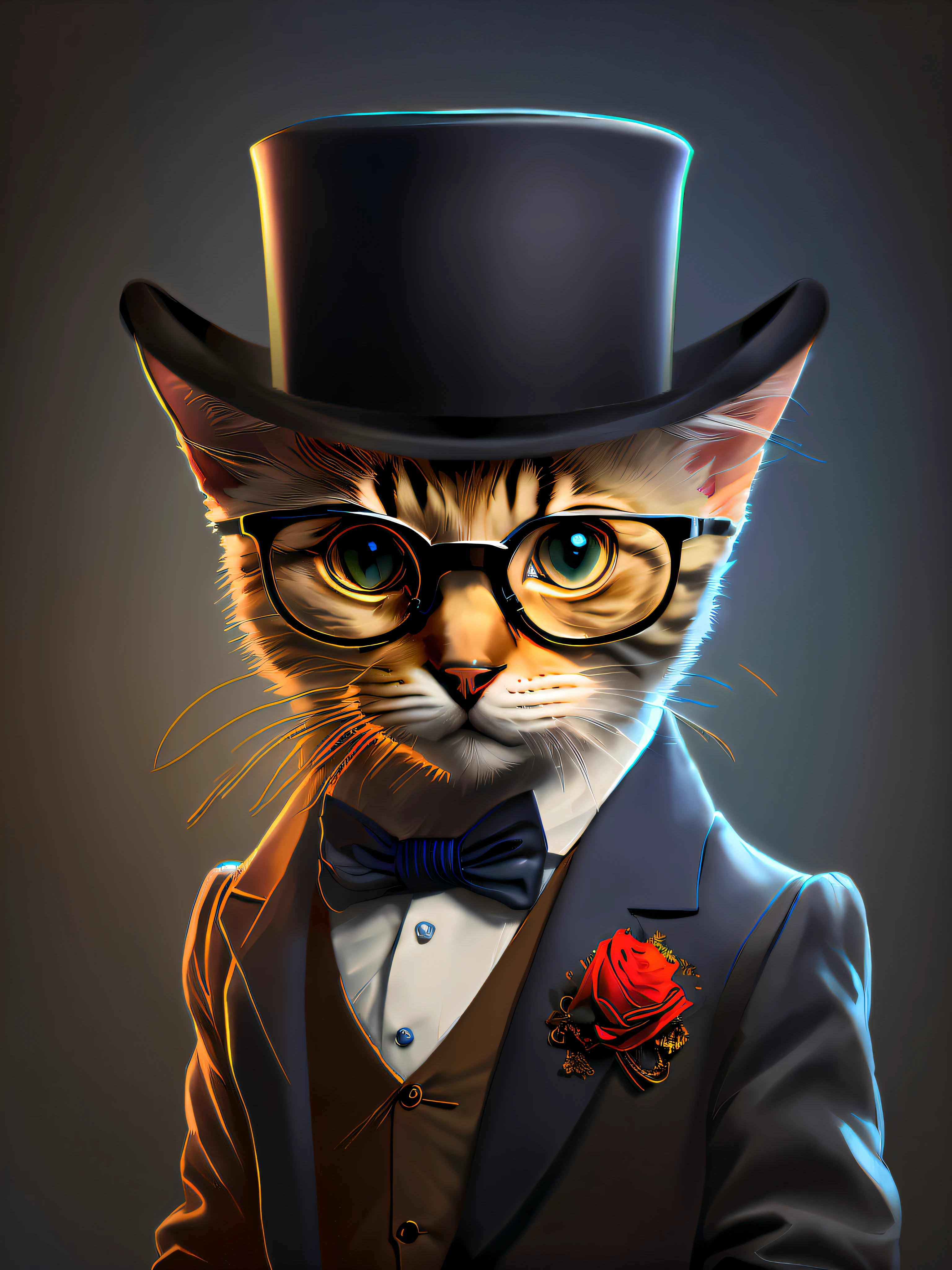 A scene of best quality, masterpiece, ultra detailed, 8k, photorealistic graphics. The type is a portrait, with dramatic lighting that creates a dark atmosphere.
BREAK
The character is (a humanoid cat:1.3) wearing (a top hat:1.2) and (a classic suit:1.1) and (glasses:1.2), looking sophisticated and elegant.