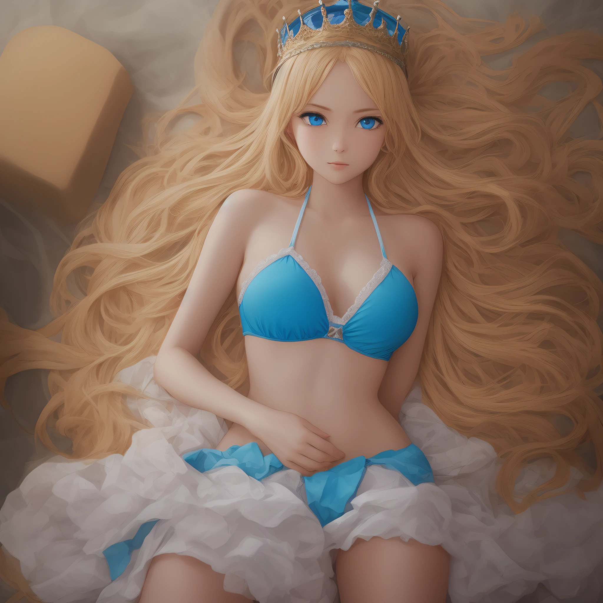 Anime girl with crown and blue eyes on her head, bikini