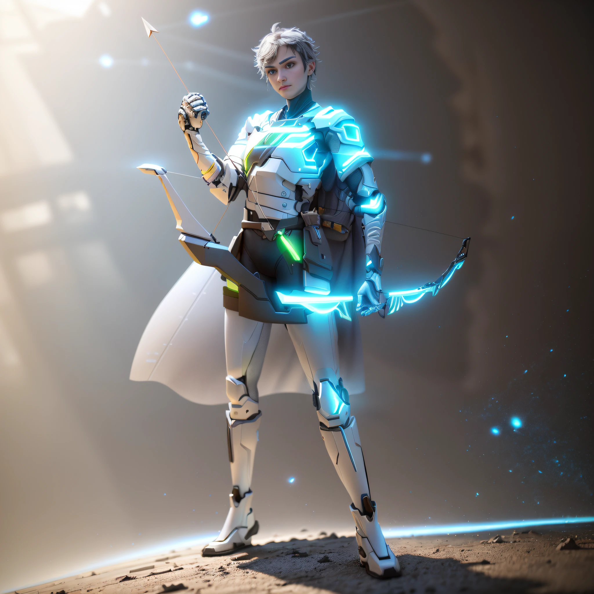 ((Best Quality)), ((Masterpiece), (Very Verbose: 1.3), A Man with a Bow and Arrow, in a sprawling cyberpunk metropolis, HDR (High Dynamic Range), Ray Tracing, NVIDIA RTX, Super Resolution, Unreal 5, Subsurface Scattering, PBR Textures, Post-processing, Anisotropic Filtering, Depth of Field, Maximum Sharpness and Sharpness, Multi-layer Textures, Albedo and Highlight Maps, Surface Shading, Accurate Simulation of Light-Material Interactions, Perfect Proportions, Octane Rendering, Two-tone illumination, low ISO, white balance, rule of thirds, wide aperture, 8K RAW, high efficiency sub-pixel, subpixel convolution, luminous particles, metal armor, metal clothing, mechanical bow and arrow, mechanical suit, with a pair of glowing open mechanical wings on the back,