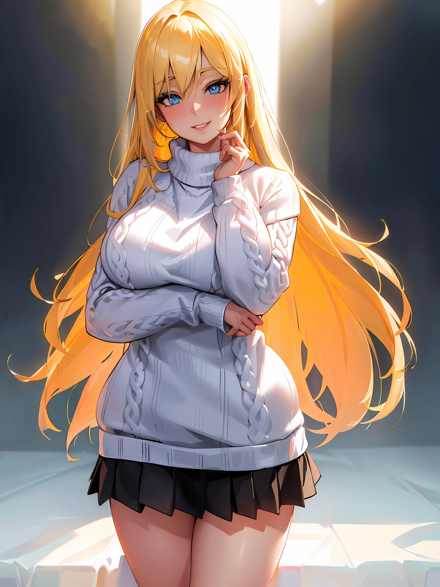 (masterpiece, best quality:1.4), (modern days), (cowboy shot), 1girl, solo, pov, sfw, stunning girlfriend, (standing:1.1), dynamic pose, (white oversized sweater, knit sweater:1.4), (Black pleated skirt, black tights: 1.4), full body, long blonde hair, bangs, heart-shaped face, elegant face, beautiful face, high-detail face, high-detail skin, skin pores, subsurface scattering, (blue eye details), realistic pupils, plump breasts, loving smile, scattered yellow hair, wearing black high heels, looking at the audience, full blush, plump lips, depth of field, atmospheric perspective, volumetric lighting, clear focus, absurd, realistic proportions, good anatomy, ( Realistic, Hyper-Real:1.4), 16K HDR,