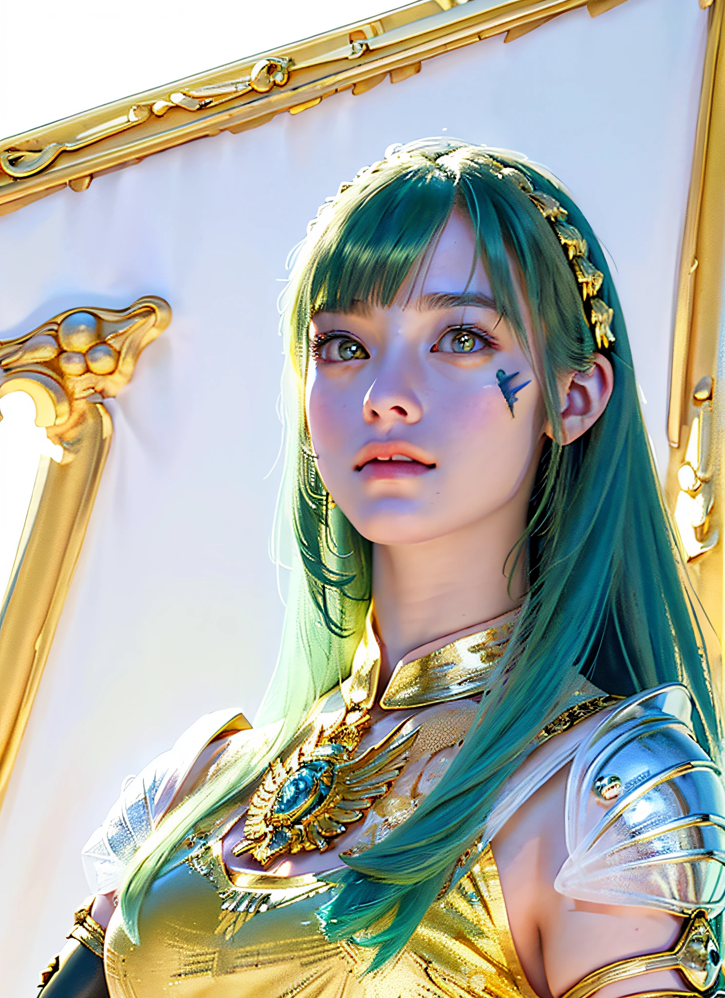 (Realistic, Portrait: 2.3), Complex Details, Big, Sexy Swimsuit, (Surreal), (Illustration), (High Resolution), (8K), (Very Detailed), (Best Illustration), (Beautiful Detailed Eyes), (Best Quality), (Ultra Detailed), Intricate Detail Jewels (Detailed Women's Armor: 1.3), (Gorgeous Gold Armor: 1.3), 1 Girl, Solo, Long Hair, Wind, Gorgeous Face, Top Quality, Masterpiece, Maximum Detail, Diffused Lighting, (Green Hair: 1.3), Valhalla Valkyrie, Mechanical Arm, Beauty,