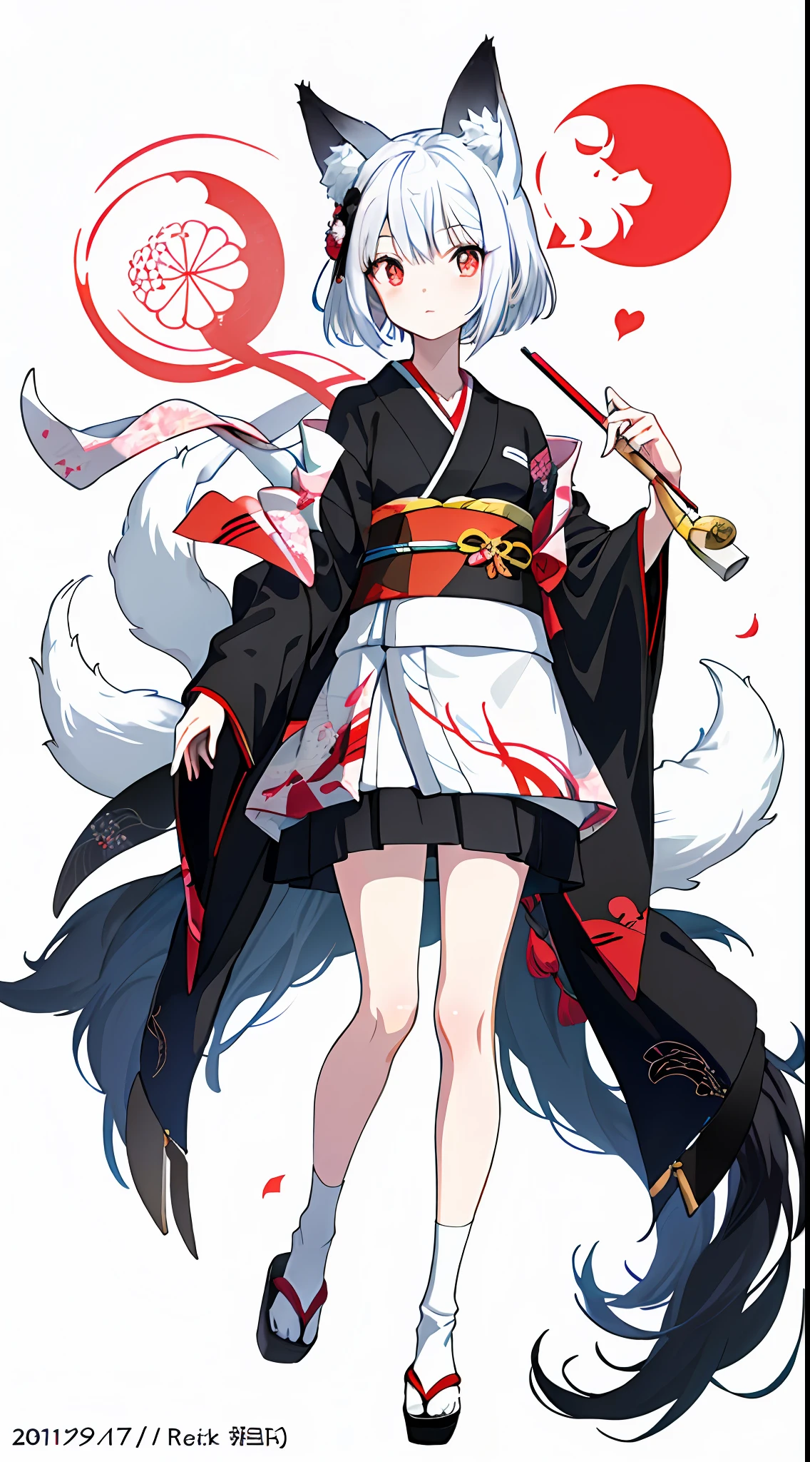 1girl, this painting depicts a female character dressed as a cat lady, anime girl in black and white costume with fox tail, white-haired fox, beautiful anime fox girl, very beautiful anime fox girl, loli, 'shows a very shy look, multiple tails, fluffy tail, the proportions are correct, the character is dressed in a highly detailed kimono, this painting is an album cover artwork, revealing the whole leg, very fine. She has smooth black hair that shows a strong national character. The whole picture presents a typical Japanese anime manga style, she may have red pupils, giving a mysterious feeling. Add a touch of exoticism.