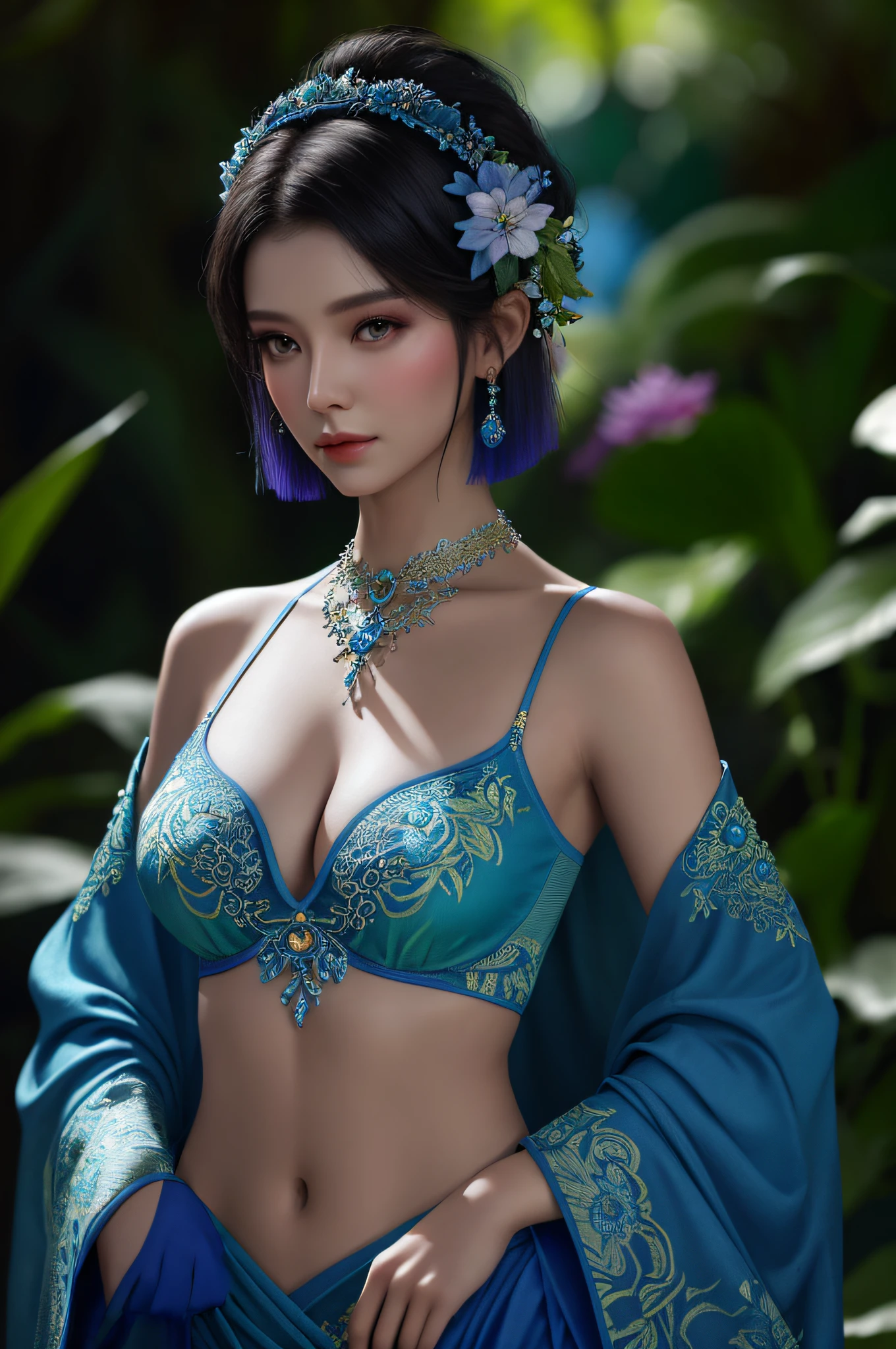 araffe asian woman in blue dress posing in front of flowers, inspired by Lan Ying, a beautiful fantasy empress, trending on cgstation, inspired by Li Tang, inspired by Huang Ji, inspired by Ai Xuan, inspired by Pu Hua, inspired by Zhang Yan, oriental fantasy, by Leng Mei, ((a beautiful fantasy empress)), gorgeous chinese model