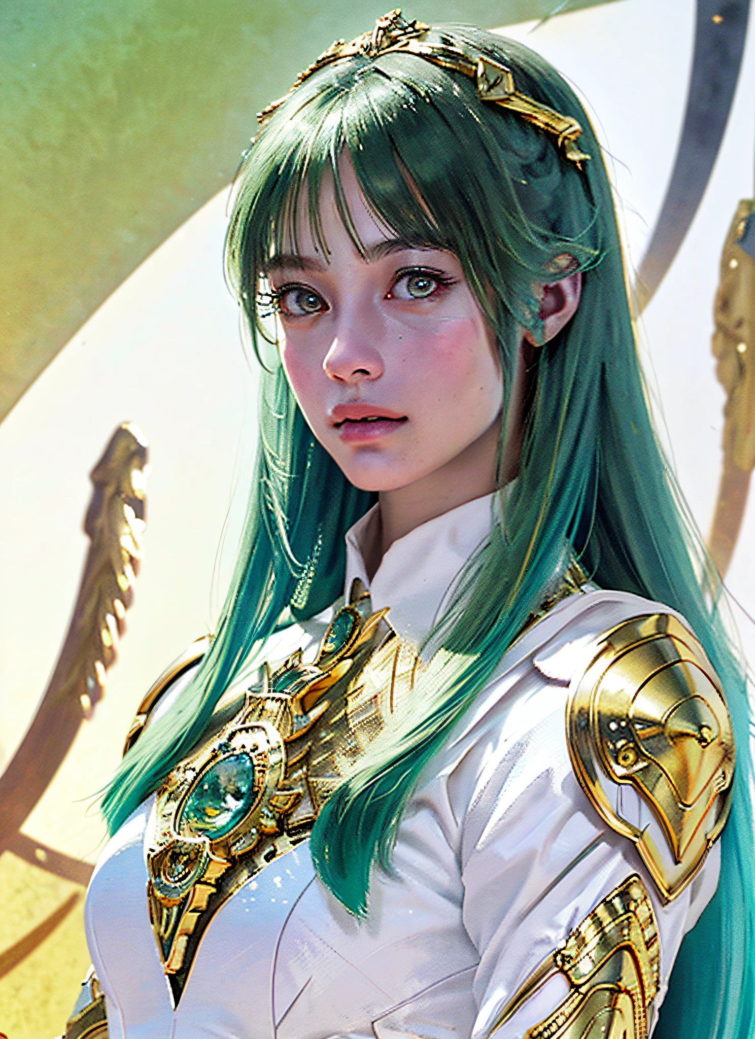 (Realistic, Portrait: 2.3), Complex Details, Big, Sexy Swimsuit, (Surreal), (Illustration), (High Resolution), (8K), (Very Detailed), (Best Illustration), (Beautiful Detailed Eyes), (Best Quality), (Ultra Detailed), Intricate Detail Jewels (Detailed Women's Armor: 1.3), (Gorgeous Gold Armor: 1.3), 1 Girl, Solo, Long Hair, Wind, Gorgeous Face, Top Quality, Masterpiece, Maximum Detail, Diffused Lighting, (Green Hair: 1.3), Valhalla Valkyrie, Mechanical Arm, Beauty,