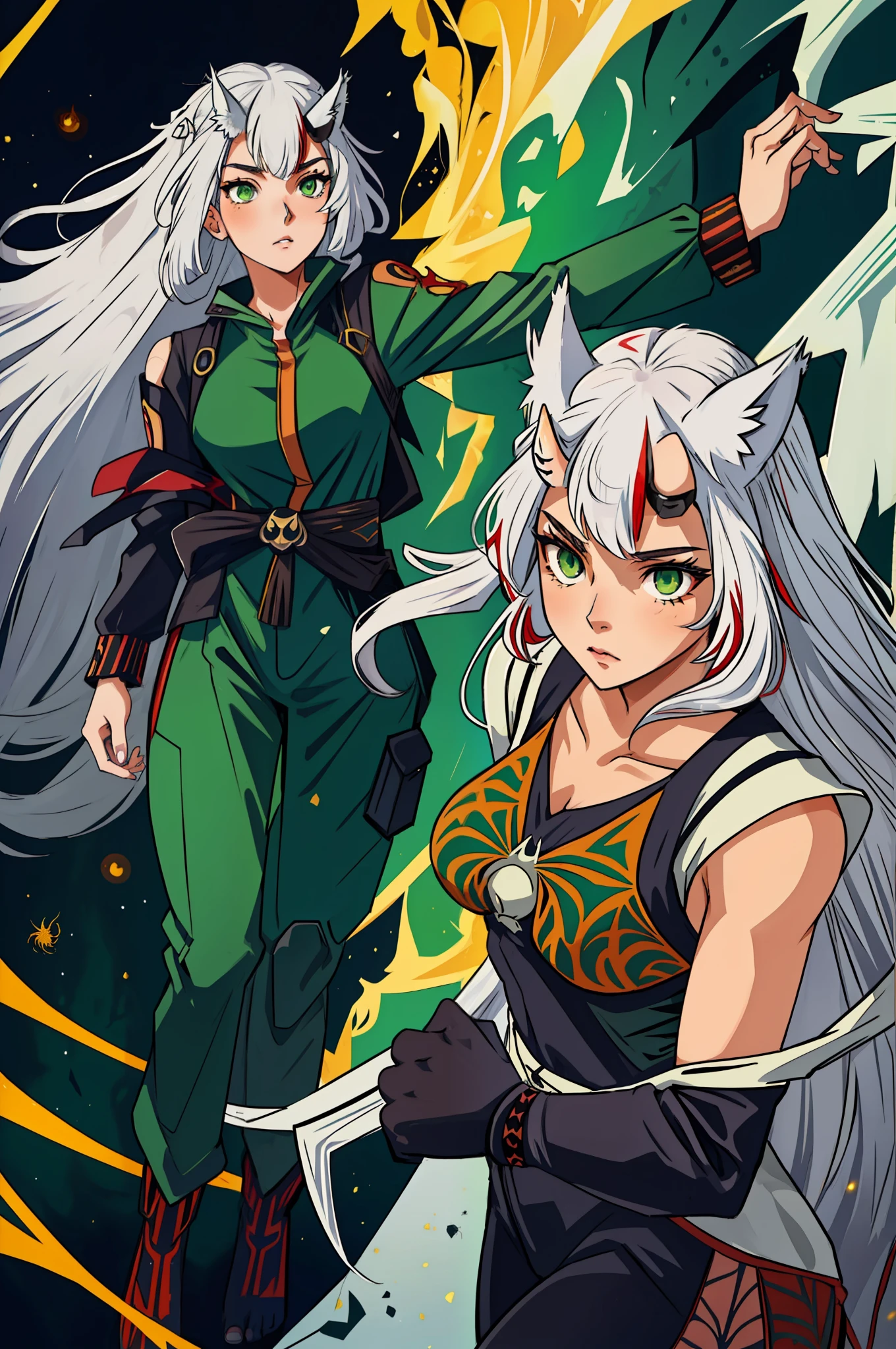 (An anime-style woman, 25 years old, has long white hair and wolf ears, as well as a wolf tail. She has caramel-colored skin and poison green eyes. She wears closed-toe clothing, a spider suit decorated with a spider web print, and a spider web floats in the background.)