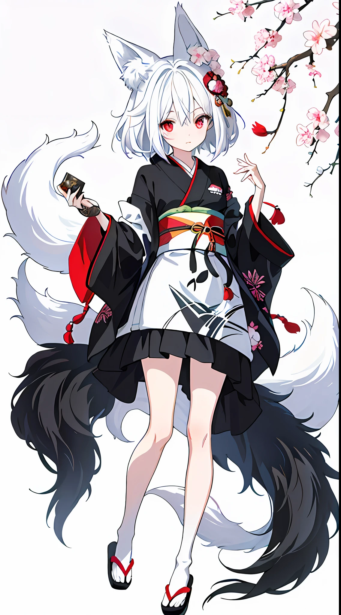 1girl, this painting depicts a female character dressed as a cat lady, anime girl in black and white costume with fox tail, white-haired fox, beautiful anime fox girl, very beautiful anime fox girl, , 'shows a very shy look, multiple tails, fluffy tail, the proportions are correct, the character is dressed in a highly detailed kimono, this painting is an album cover artwork, revealing the whole leg, very fine. She has smooth black hair that shows a strong national character. The whole picture presents a typical Japanese anime manga style, she may have red pupils, giving a mysterious feeling. Add a touch of exoticism.