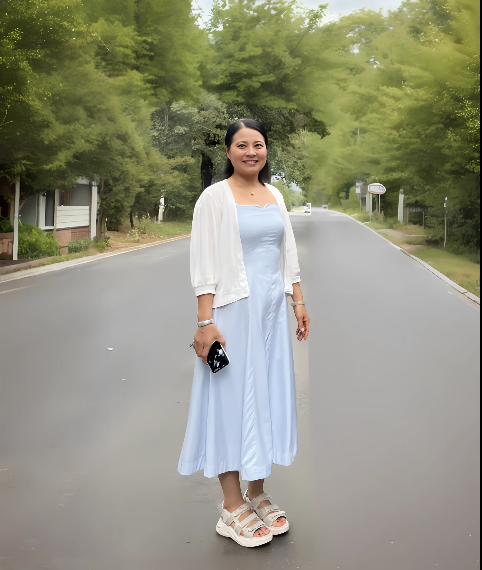 woman in a blue dress and white cardigan standing on a street, soft silk dress, long dress female, wearing a long dress, white and blue, in a long white dress, simple dress, wearing long gown, white color, long dress, dressed a long white, wearing a white flowing dress, white and pale blue, with white, white!!, pale blue outfit