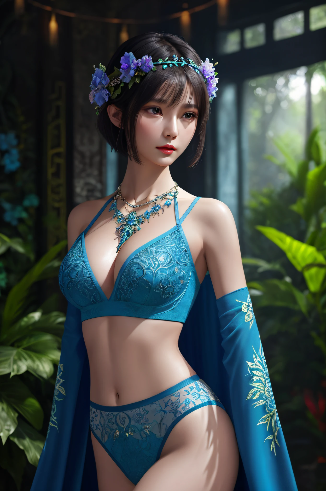 Fashion Photography Portrait of Woman Avatar, 1 Girl in Blue Lush Alien Rainforest with Flowers and Birds, Fantasy, Octane Rendering, HDR, Dolby Vision, (Intricate Detail, Ultra Detail:1.2), (Natural Skin Texture, Surrealism, Soft Light:1.2), Short Fluffy Hair, , Sharp Focus, Night, Necklace, Chinese Mythology, Oversized Tits,Sexy,Crop Top, Sci-Fi Headband, Looking at the Audience, Best Quality, Perfect Body,