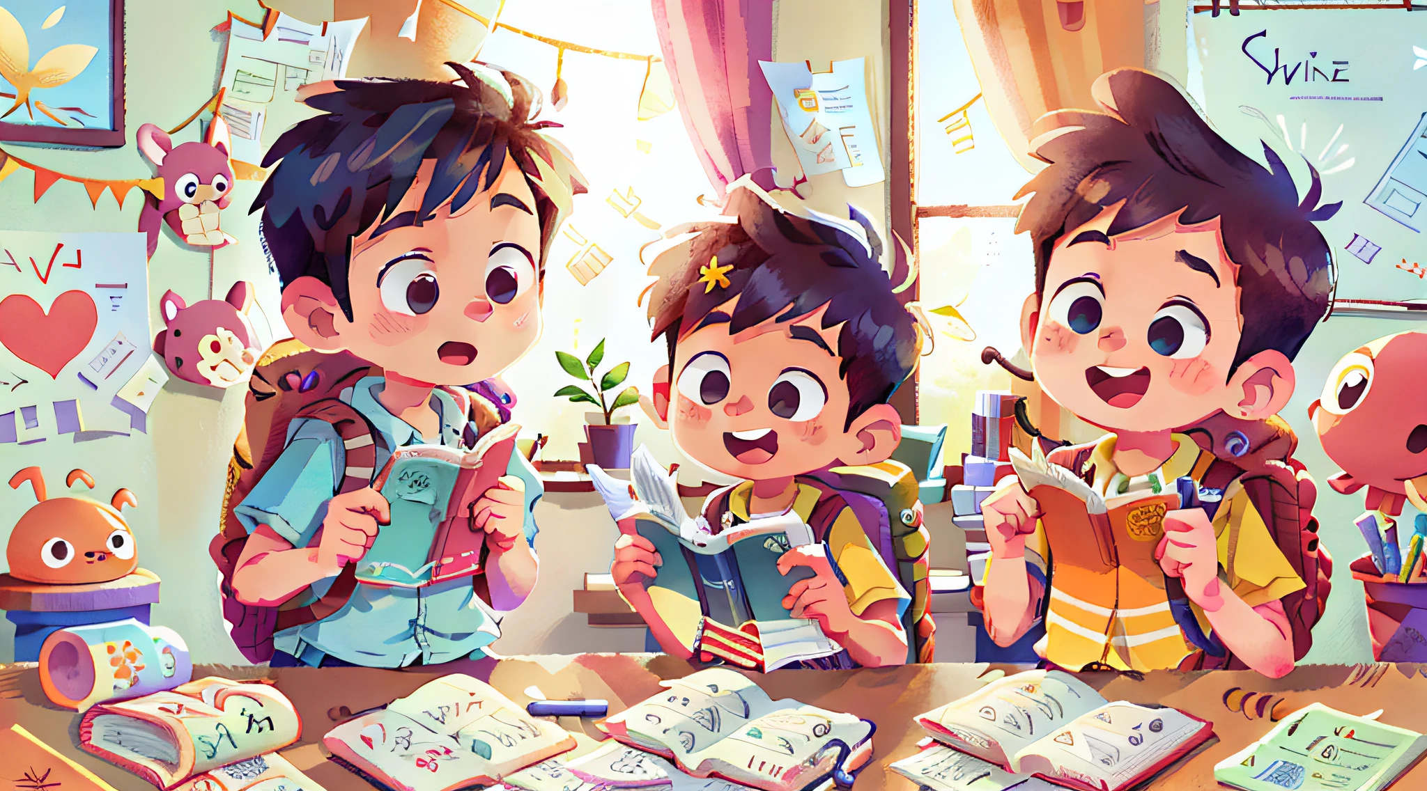 (SFW), two boys reading books, happy, carrying backpacks, classroom in the background, perfect quality, clear focus, colorful, perfect face, intricate details, ultra-low viewing angle, wide angle lens